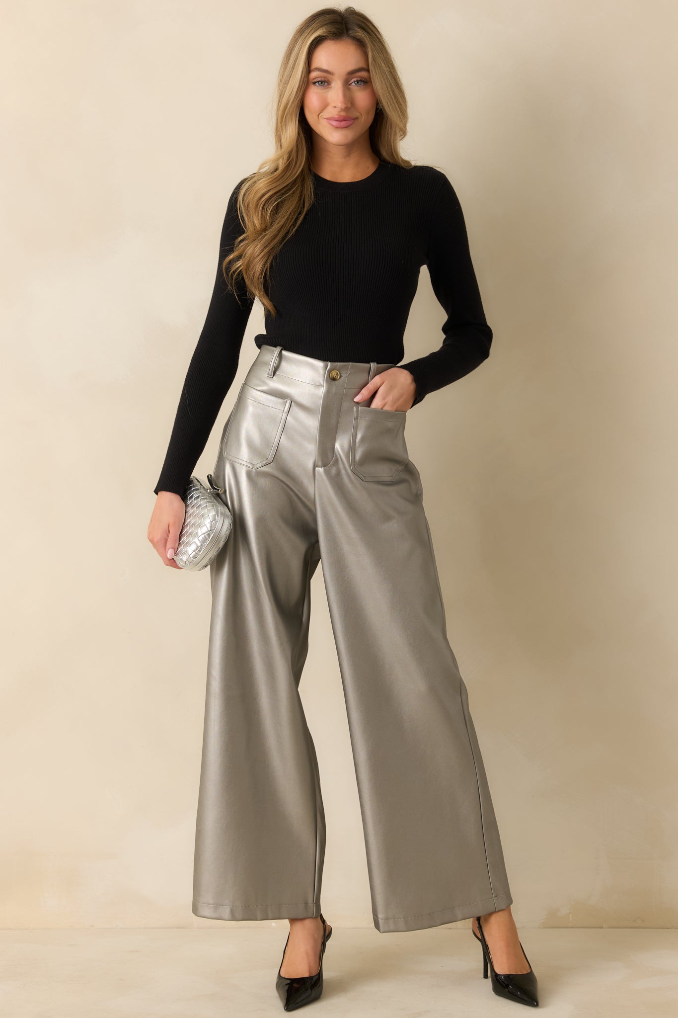 Catch You Later Metallic Grey Wide Leg Pants