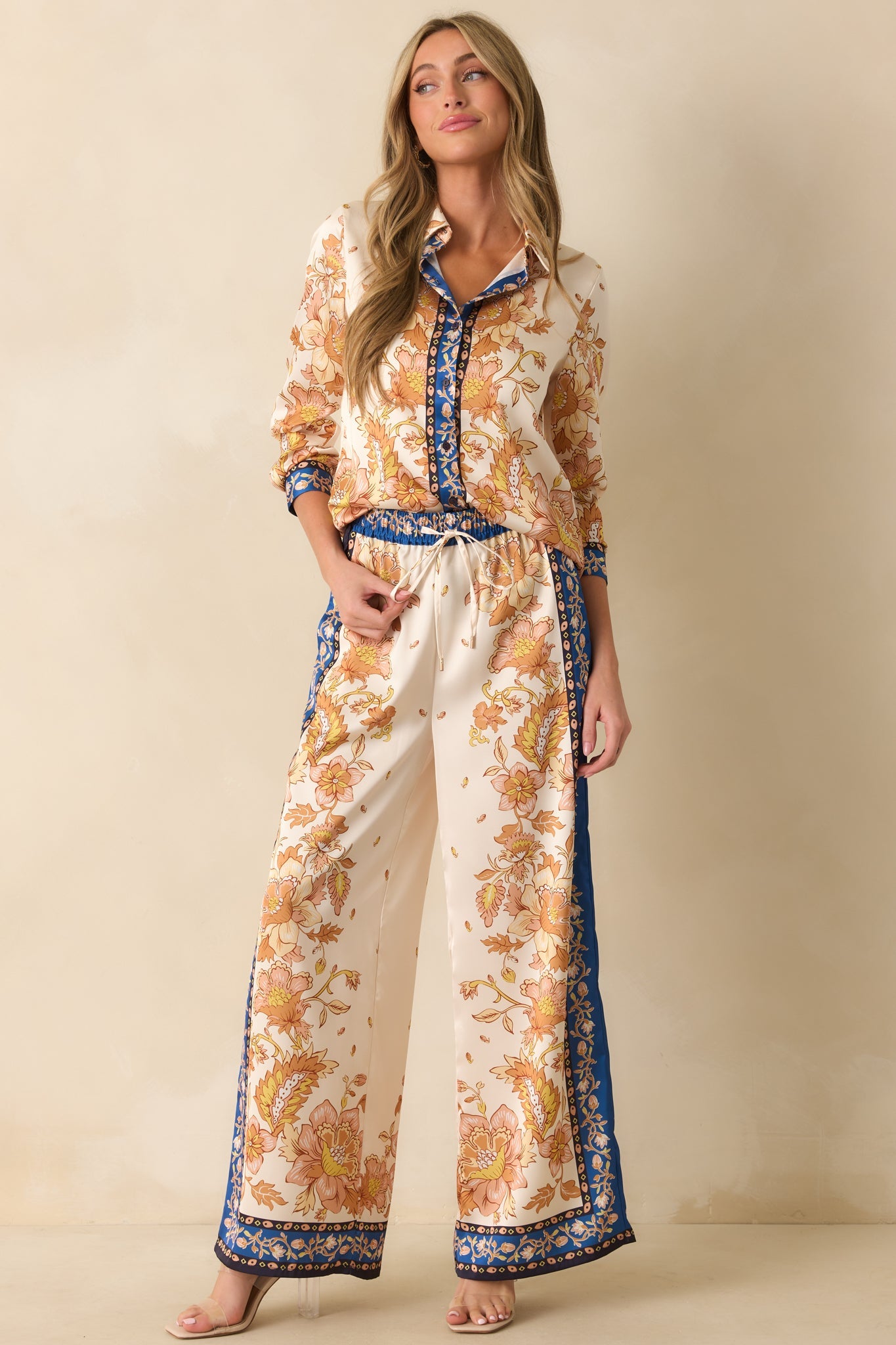 Held Her Ground Ivory Multi Floral Print Wide Leg Satin Pants