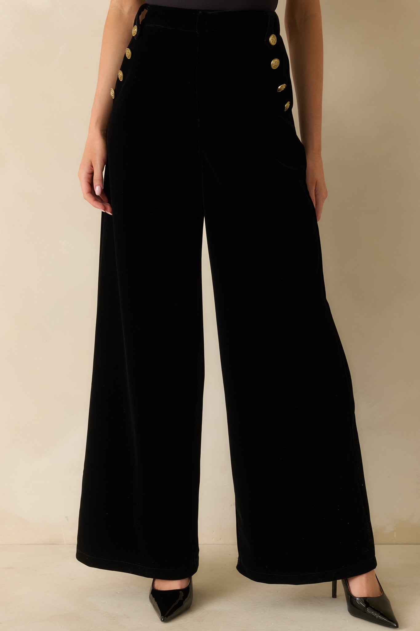 The Sleek Standard Black Velvet Button Accent Wide Leg Pants