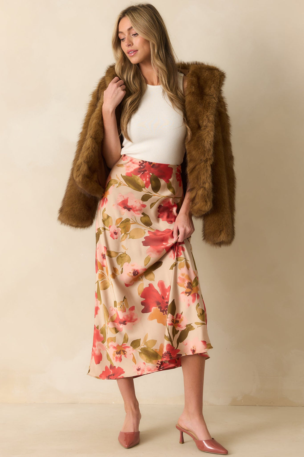Nothing More To Say Tan Multi Floral Print Satin Maxi Skirt