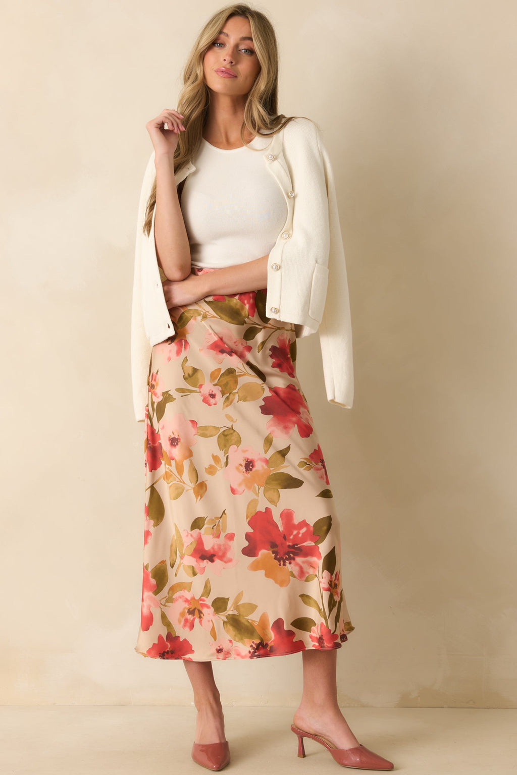 Nothing More To Say Tan Multi Floral Print Satin Maxi Skirt