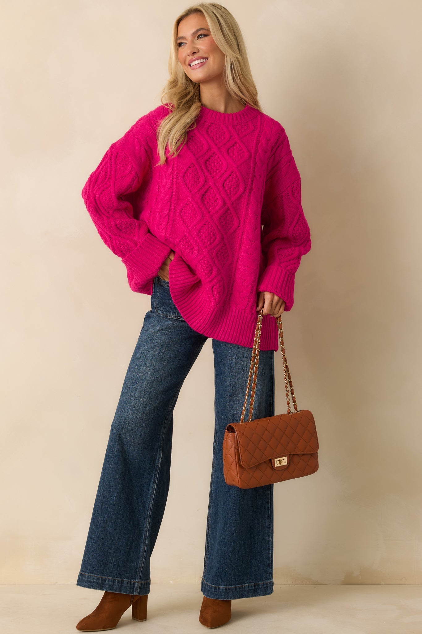 Feeling Bright Hot Pink Cable Knit Oversized Sweater