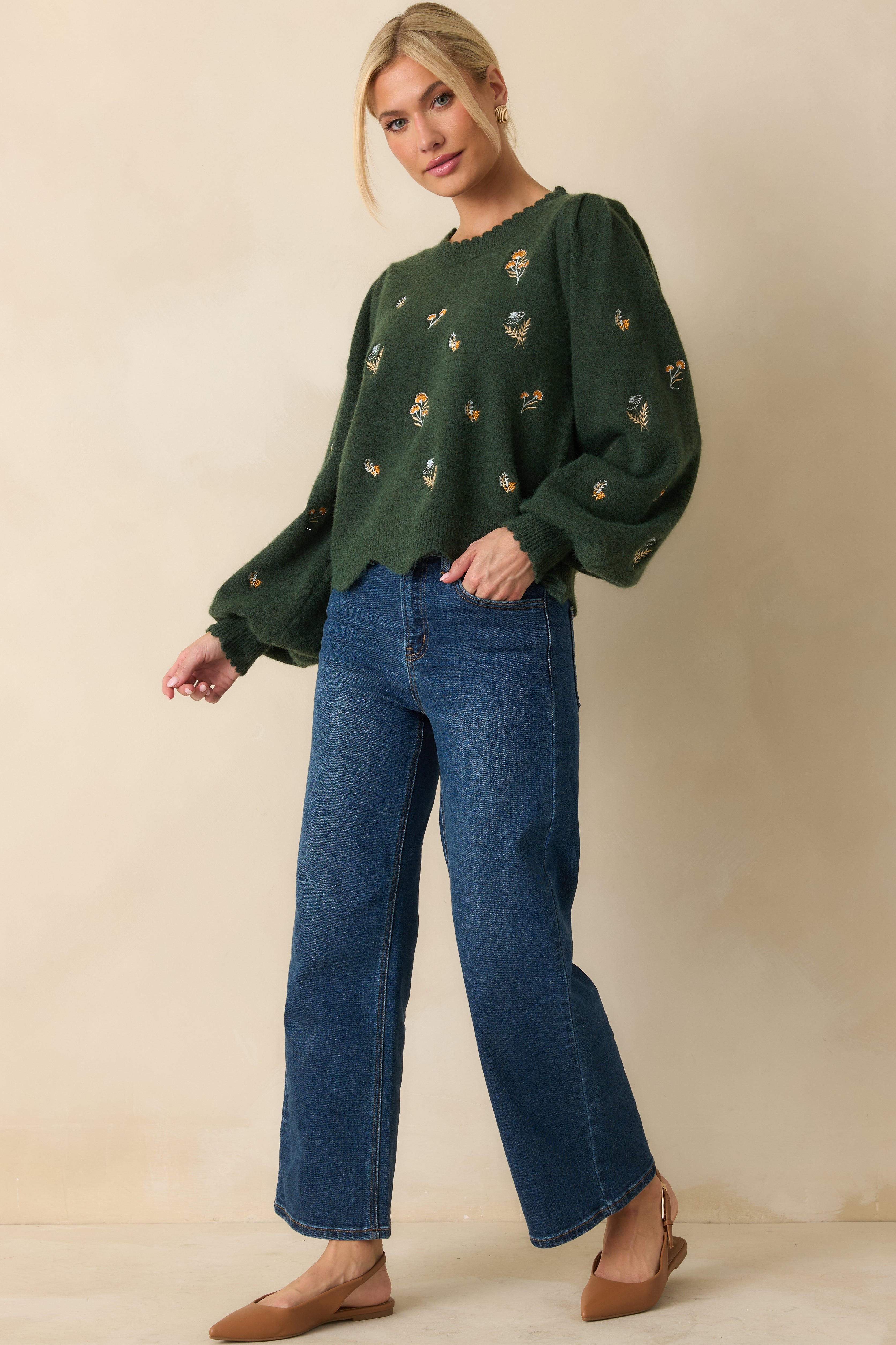 Say It With Flowers Hunter Green Floral Embroidered Knit Sweater