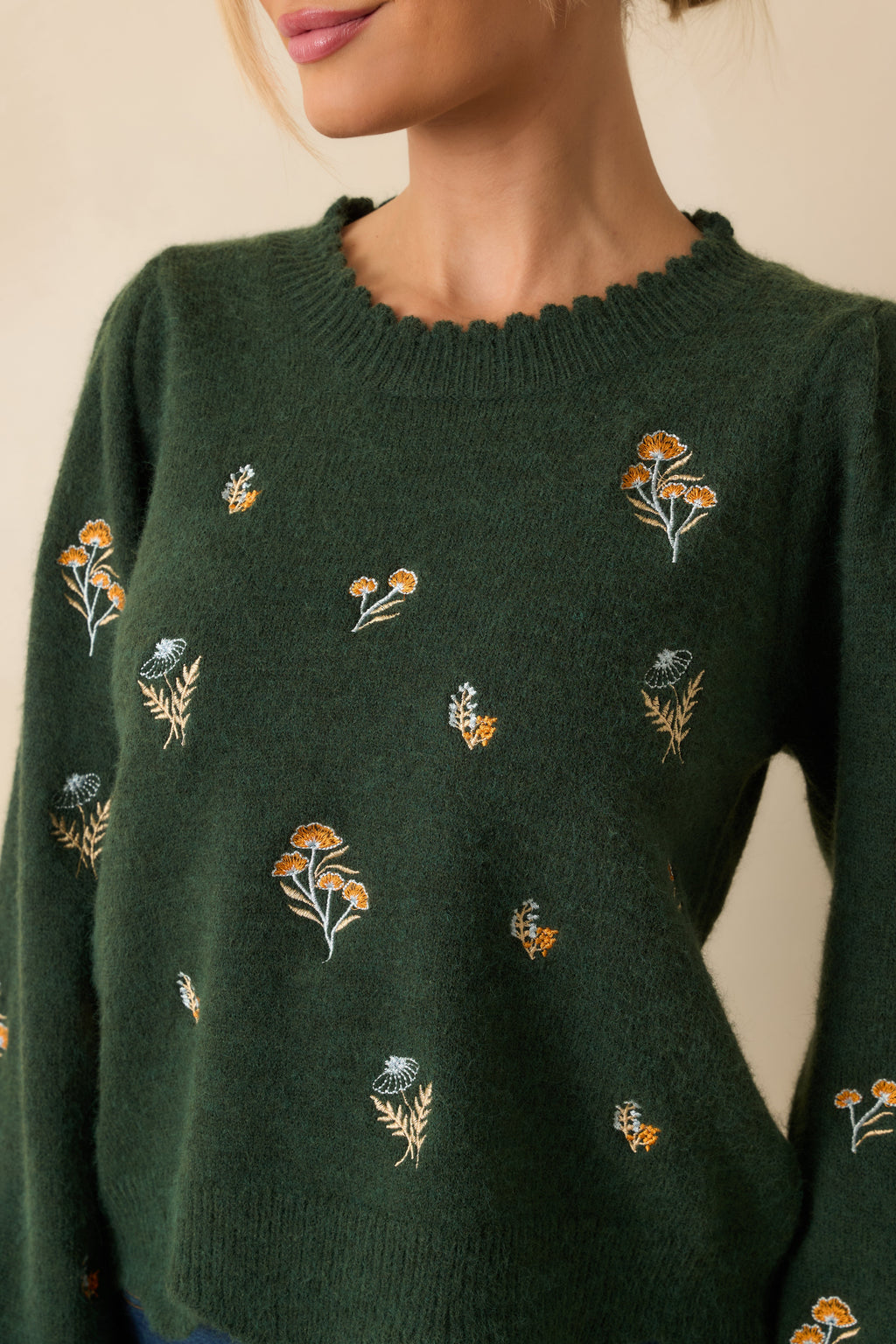 Say It With Flowers Hunter Green Floral Embroidered Knit Sweater