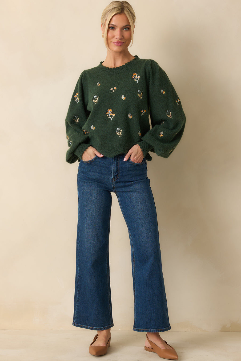 Say It With Flowers Hunter Green Floral Embroidered Knit Sweater