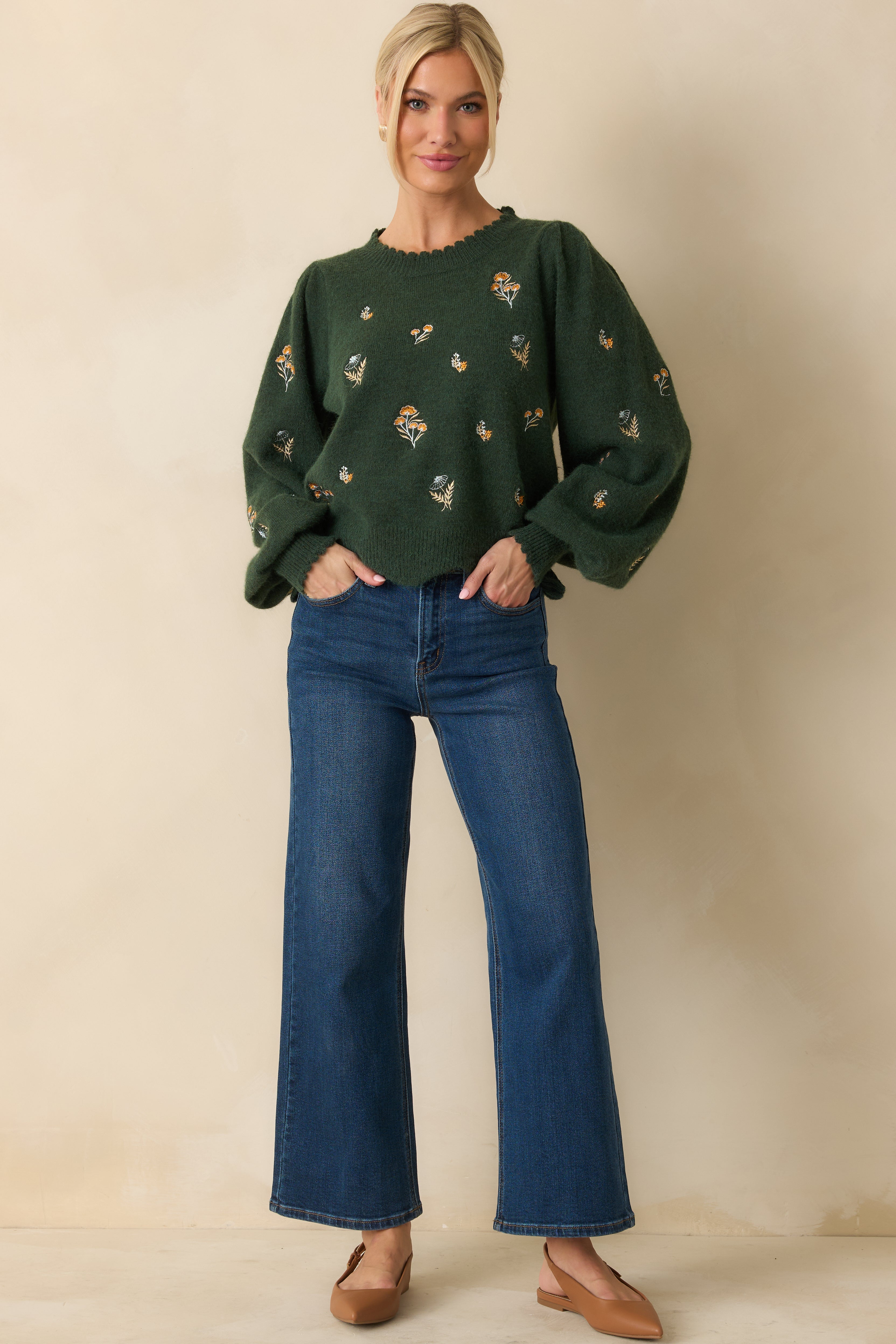 Say It With Flowers Hunter Green Floral Embroidered Knit Sweater