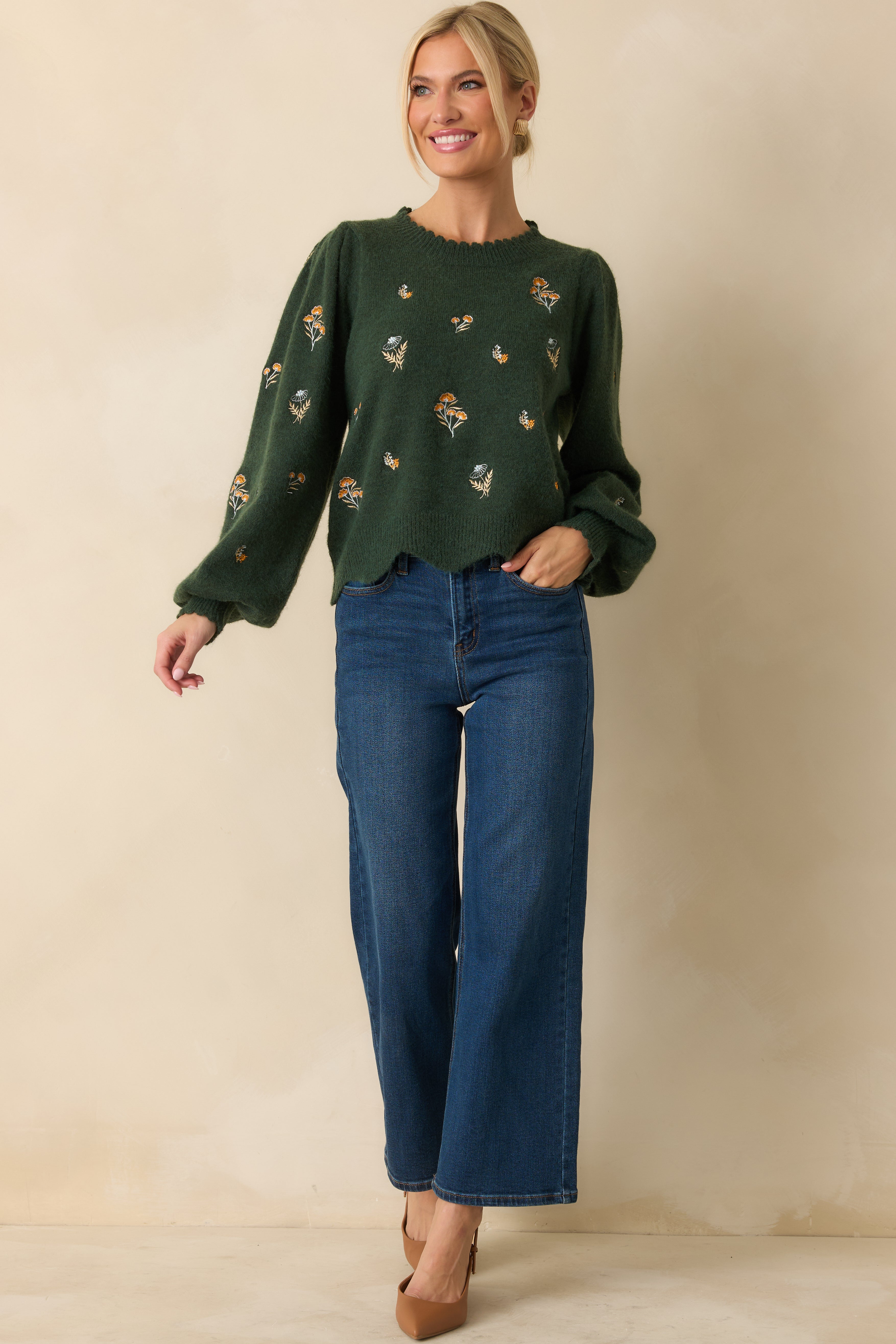 Say It With Flowers Hunter Green Floral Embroidered Knit Sweater