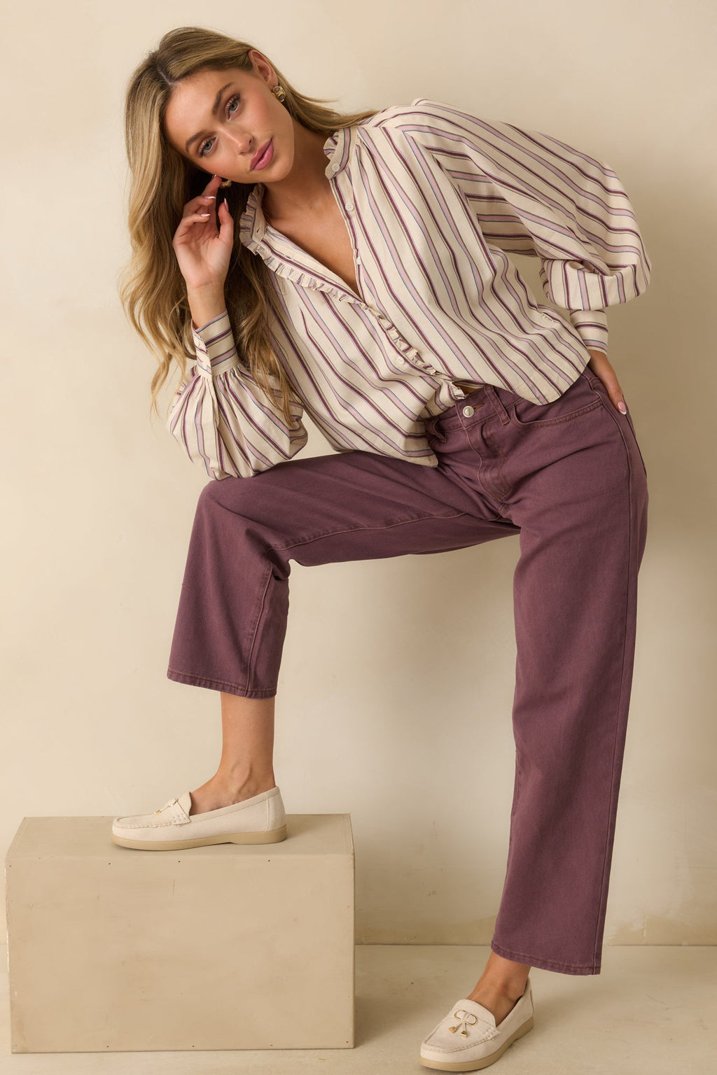 FRNCH Ivory & Lilac Striped Button Up Molly Shirt