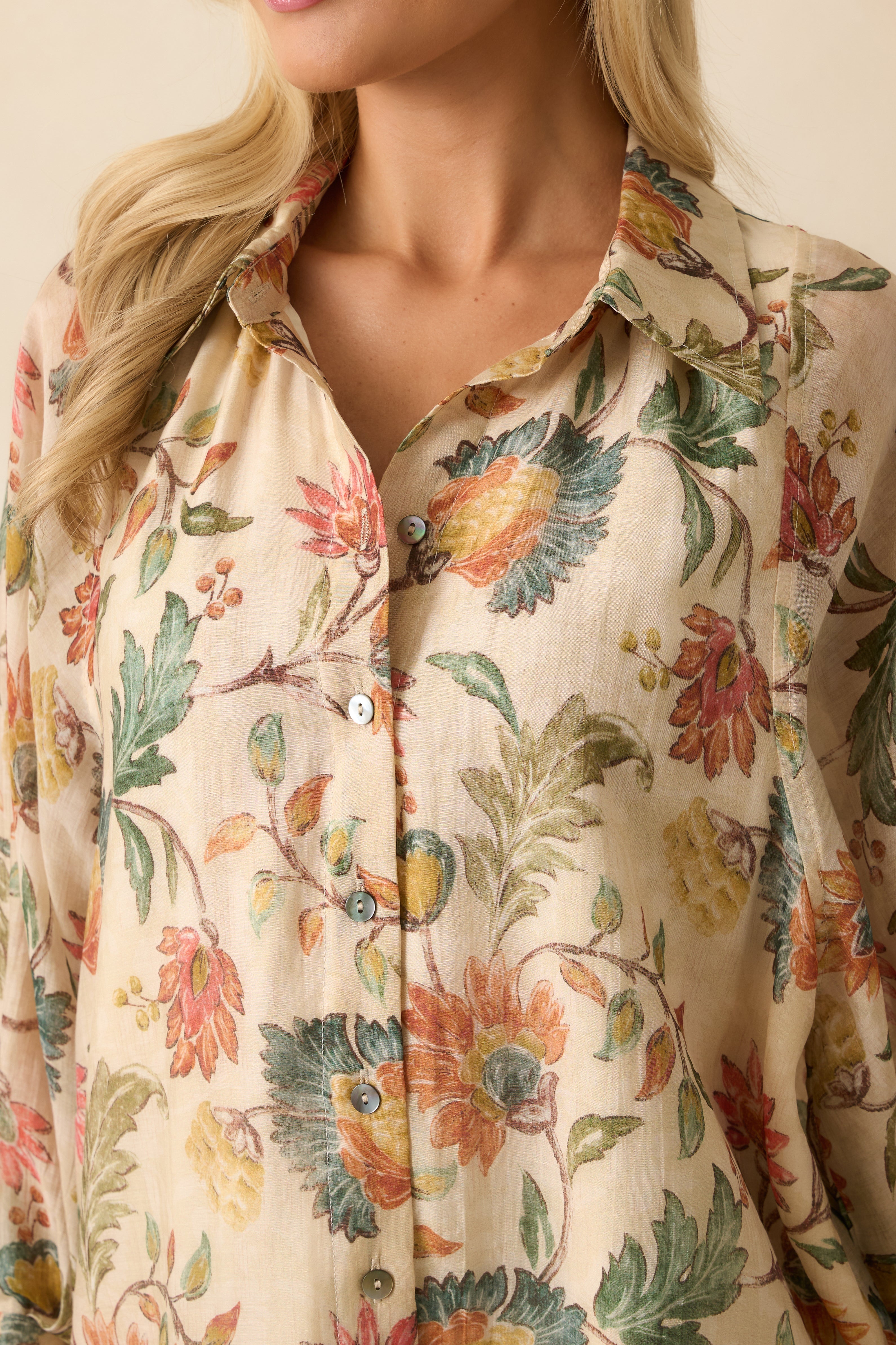 Pressed Petals Ivory Multi Floral Print Peasant Sleeve Blouse