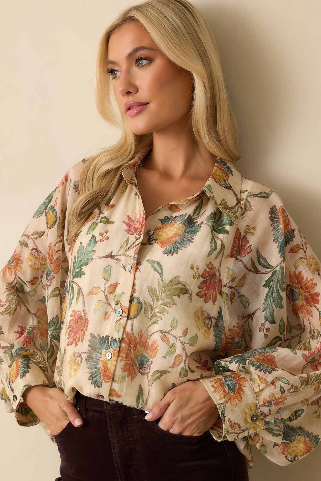 Pressed Petals Ivory Multi Floral Print Peasant Sleeve Blouse