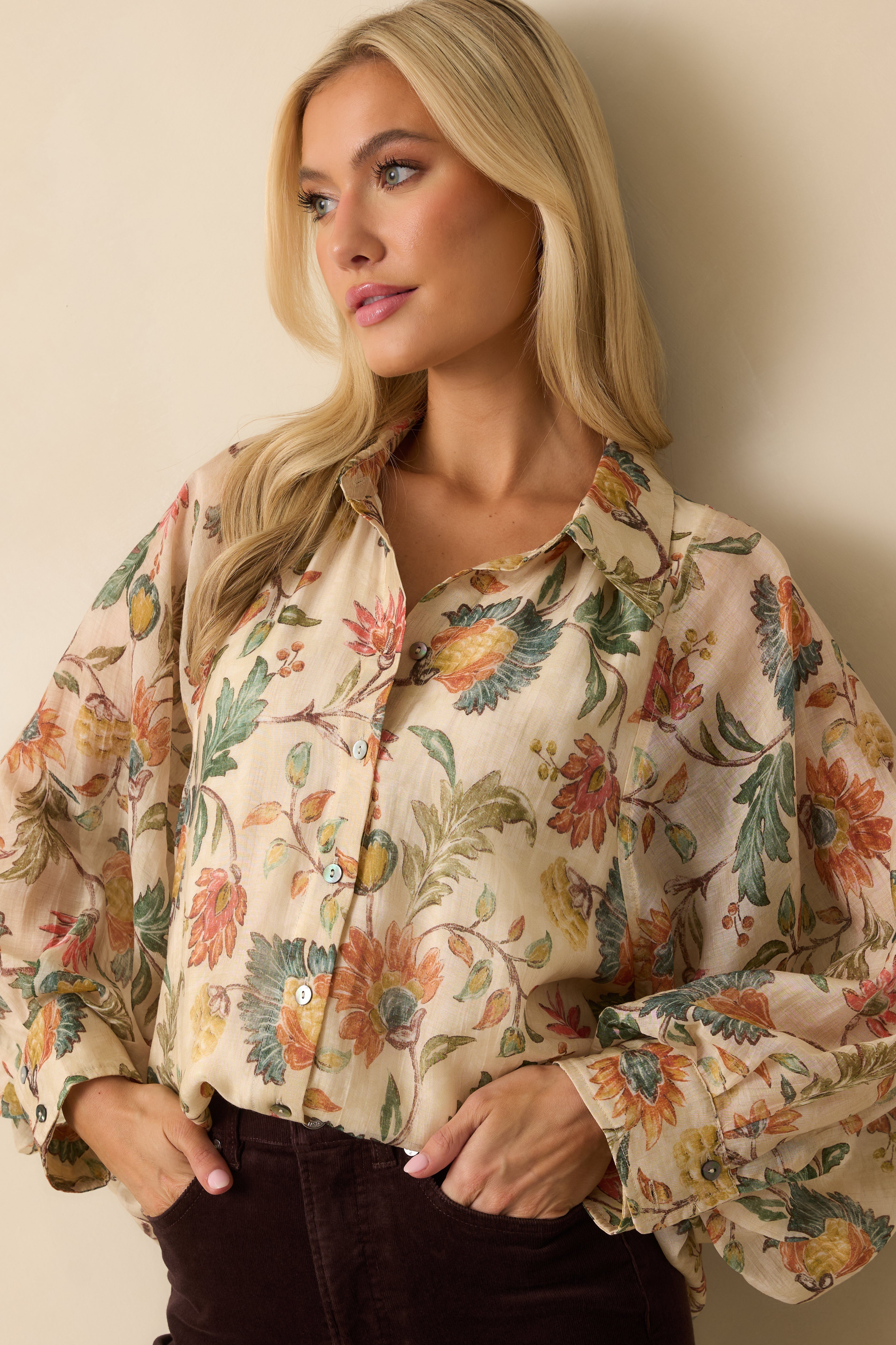 Pressed Petals Ivory Multi Floral Print Peasant Sleeve Blouse