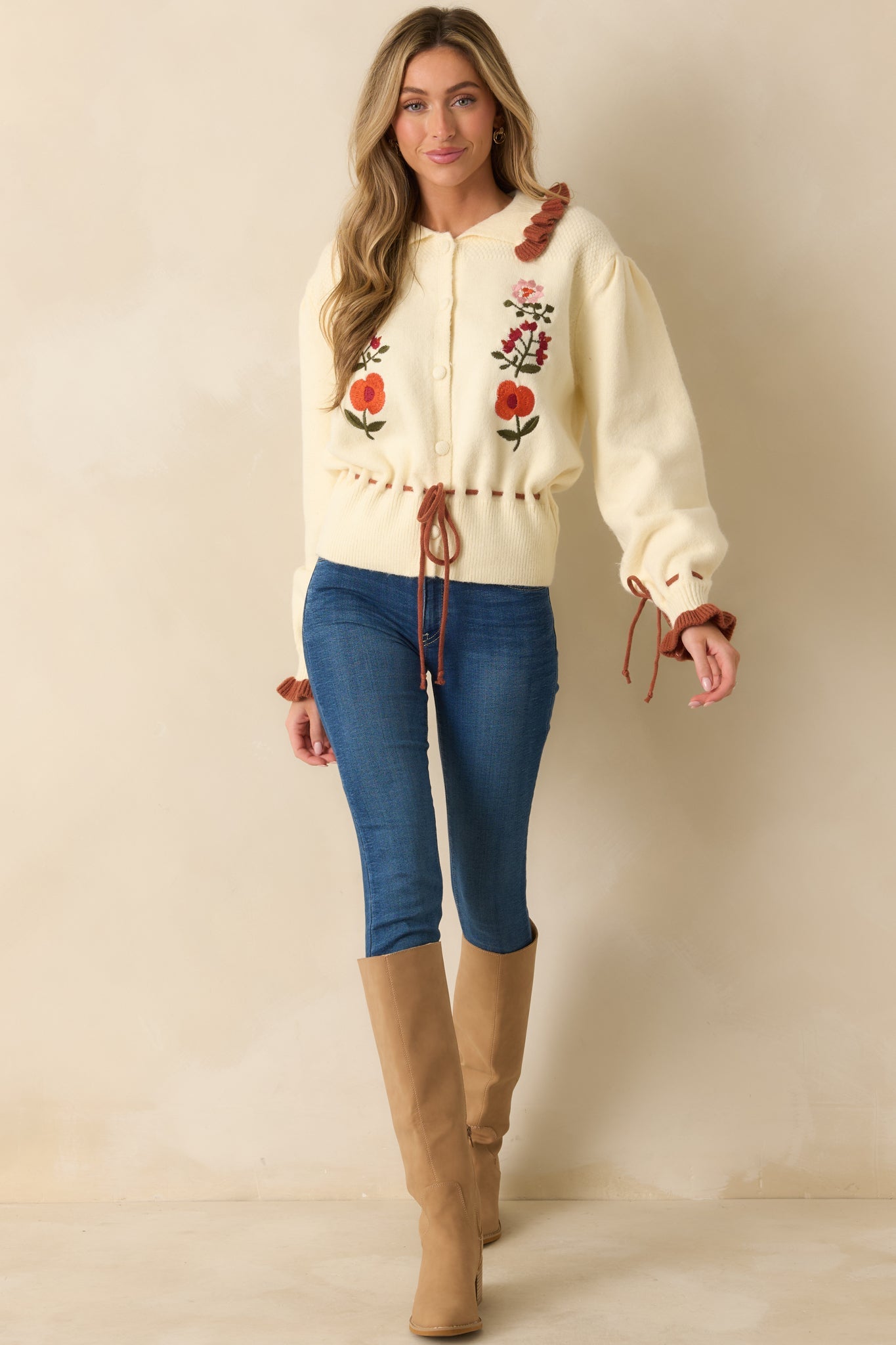 Harvest Bloom Ivory Floral Embroidered Button Up Cardigan Sweater