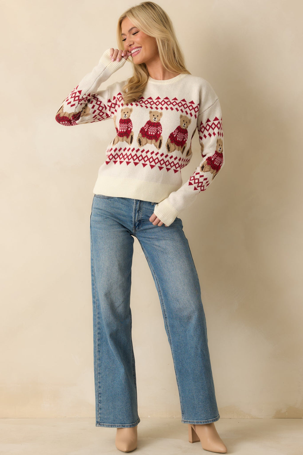 Bear With Me Ivory Fair Isle Teddy Knit Sweater