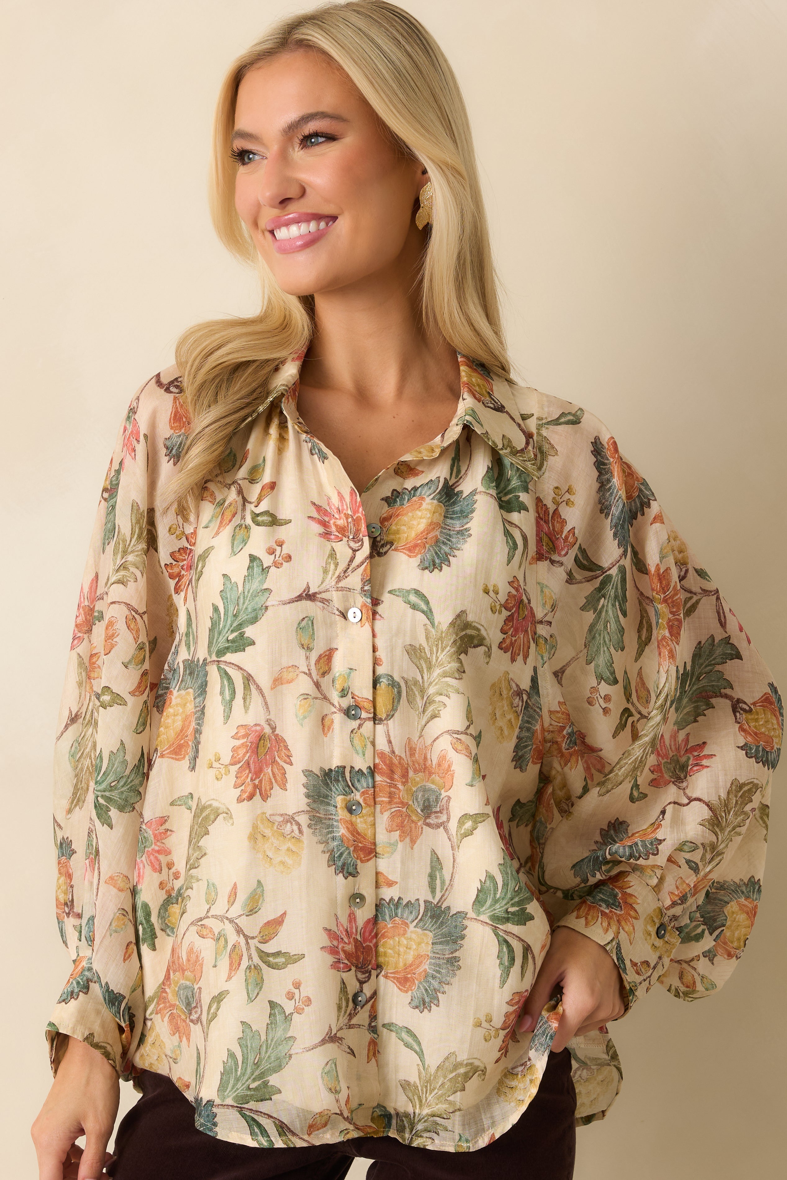Pressed Petals Ivory Multi Floral Print Peasant Sleeve Blouse