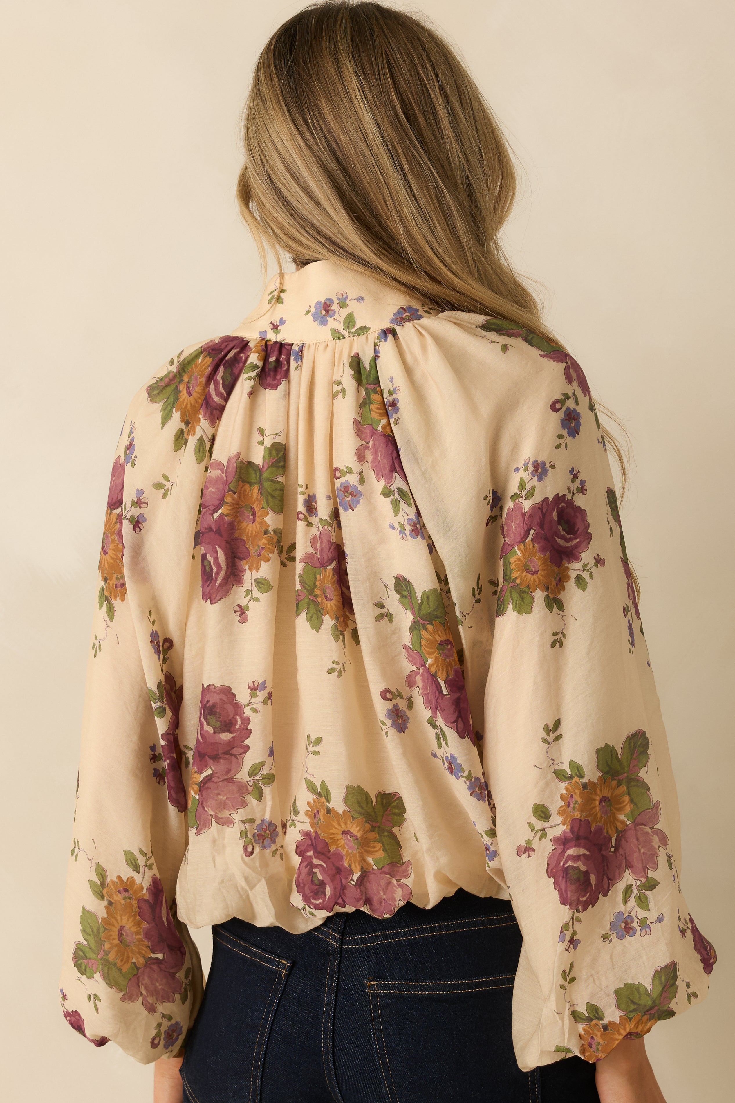 Garden Daydream Ivory Multi Floral Peasant Sleeve Blouse