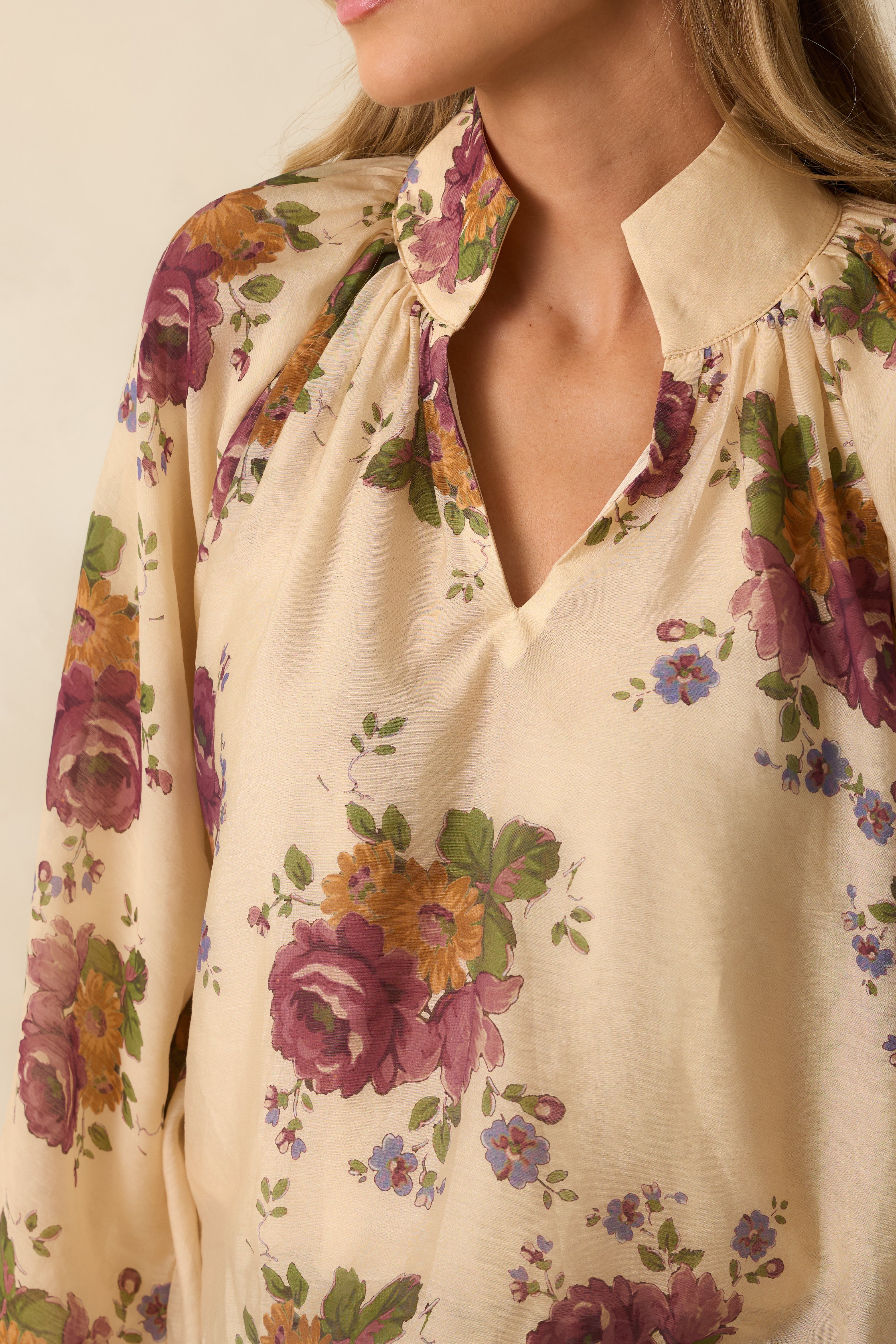 Garden Daydream Ivory Multi Floral Peasant Sleeve Blouse