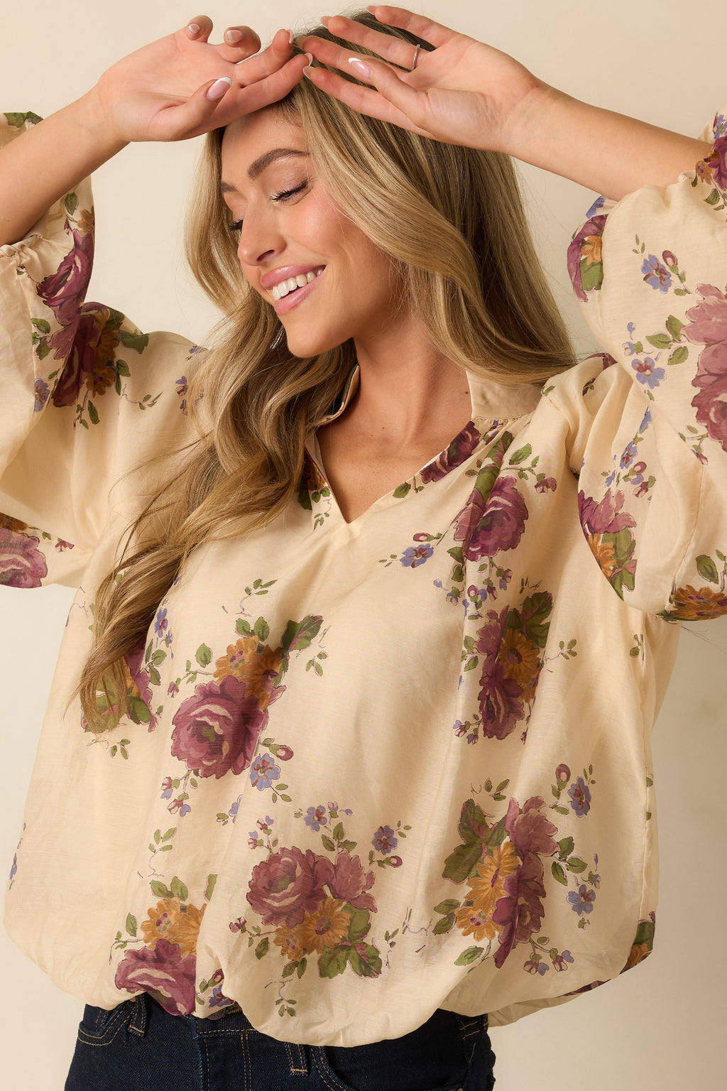 Garden Daydream Ivory Multi Floral Peasant Sleeve Blouse