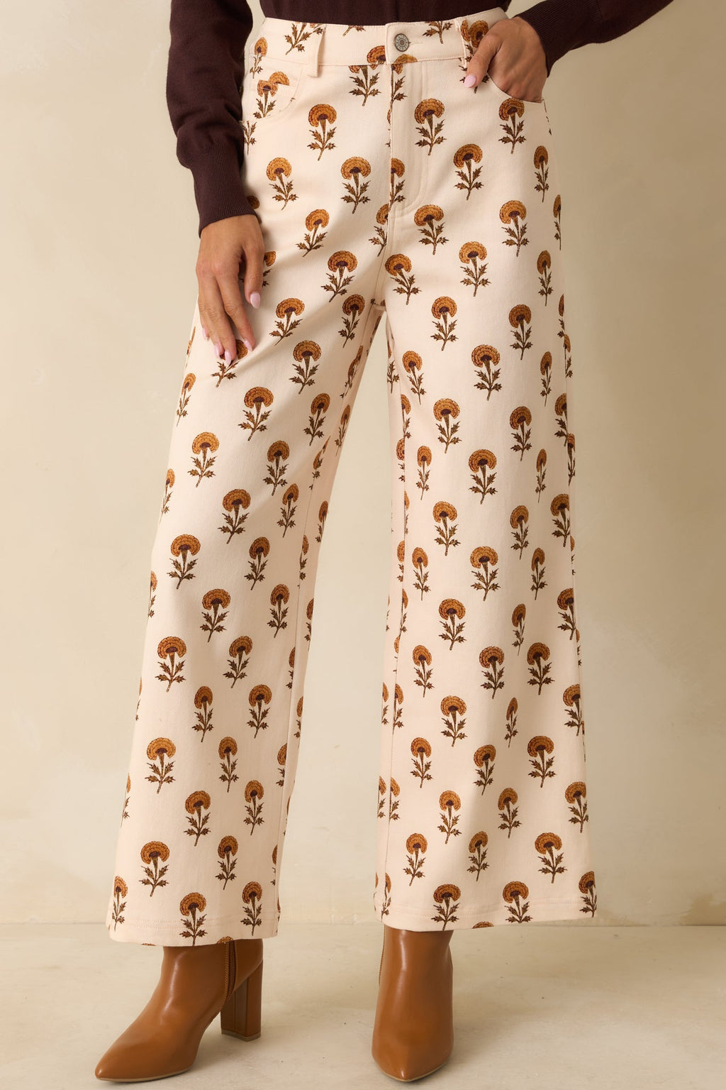 Marigold Muse Ivory Multi Floral Print Cotton Wide Leg Pants
