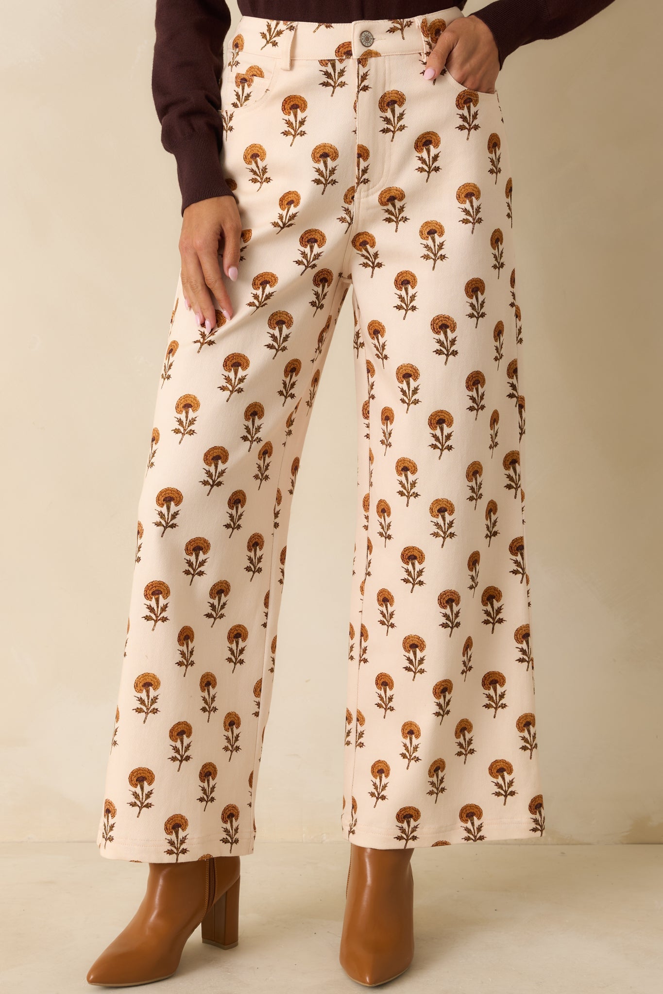 Marigold Muse Ivory Multi Floral Print Cotton Wide Leg Pants