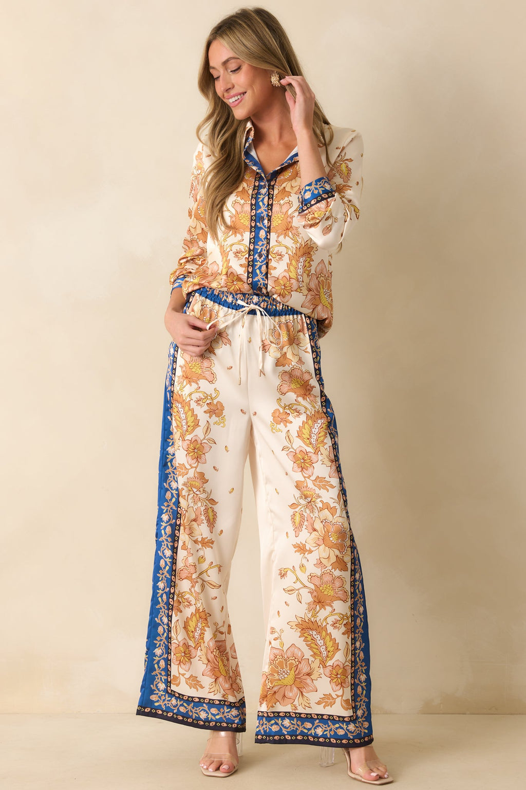 Held Her Ground Ivory Multi Floral Print Wide Leg Satin Pants