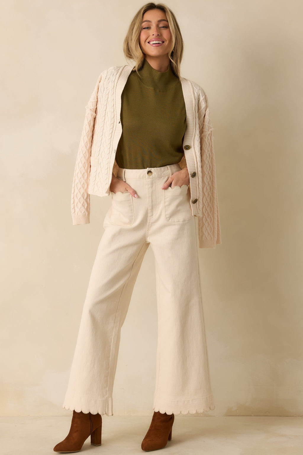 Set For The Day Ivory Cotton Scalloped Wide Leg Pants