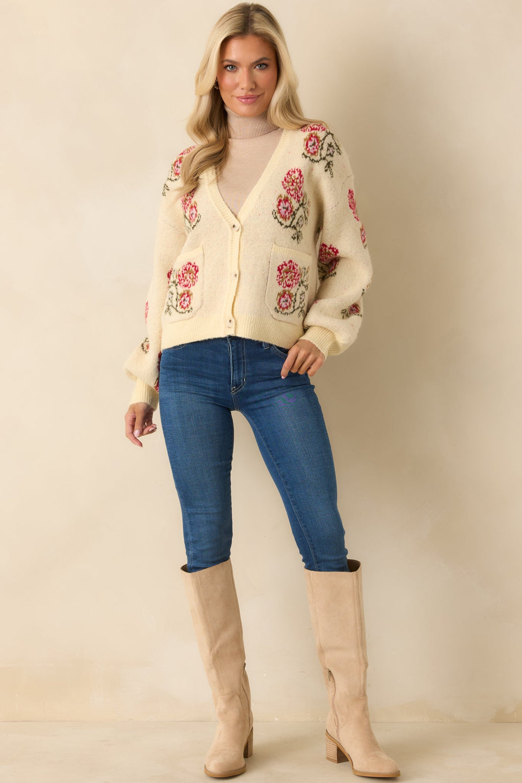 Garden Wishes Ivory Multi Knit Floral Button Up Cardigan Sweater