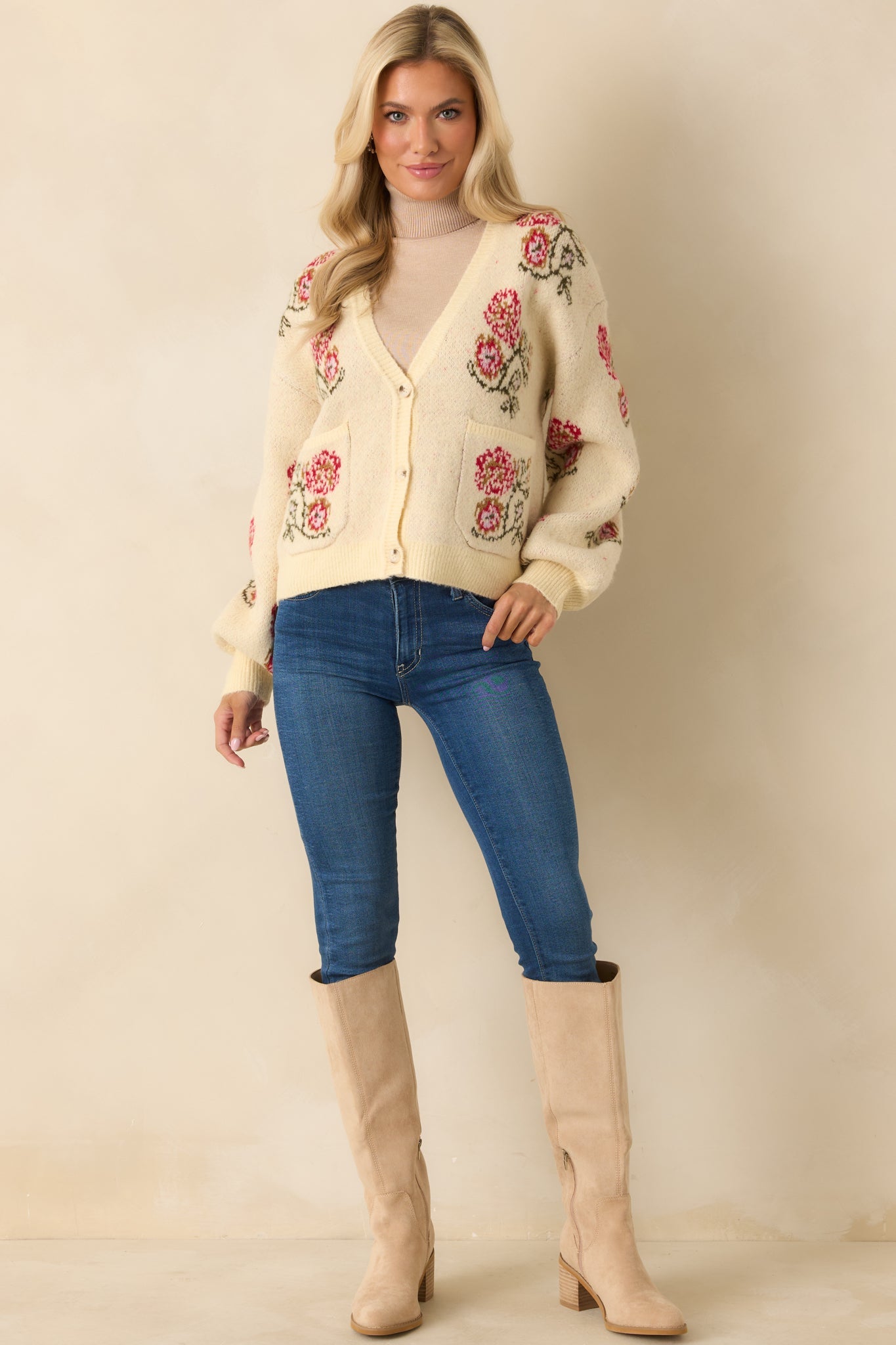 Garden Wishes Ivory Multi Knit Floral Button Up Cardigan Sweater