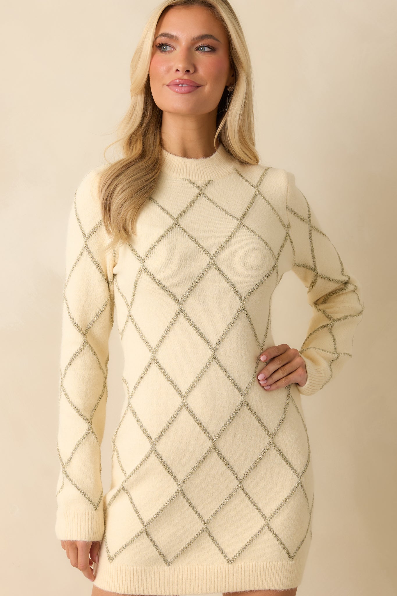 Bright On Arrival Ivory Knit Metallic Argyle Sweater Dress
