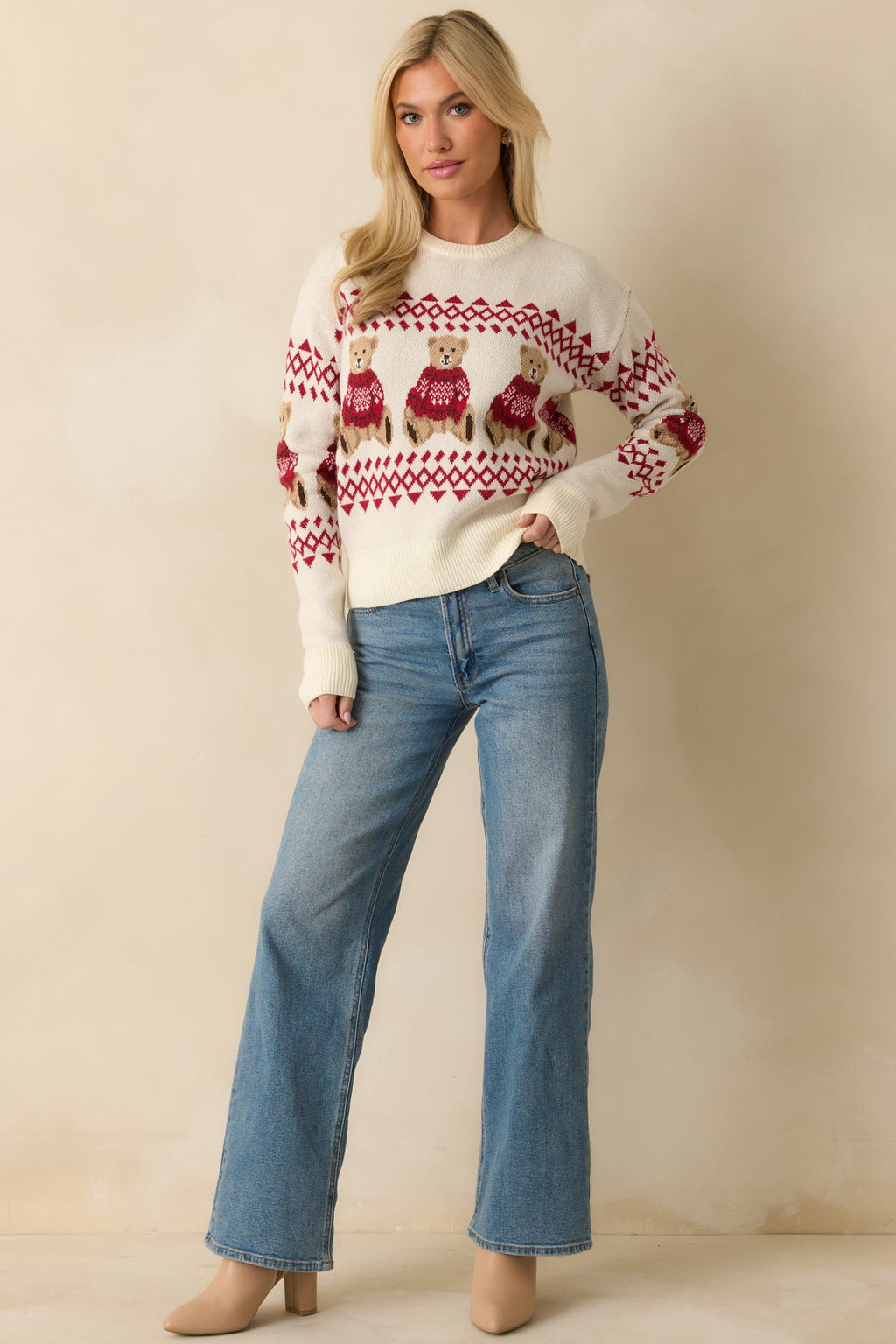Bear With Me Ivory Fair Isle Teddy Knit Sweater