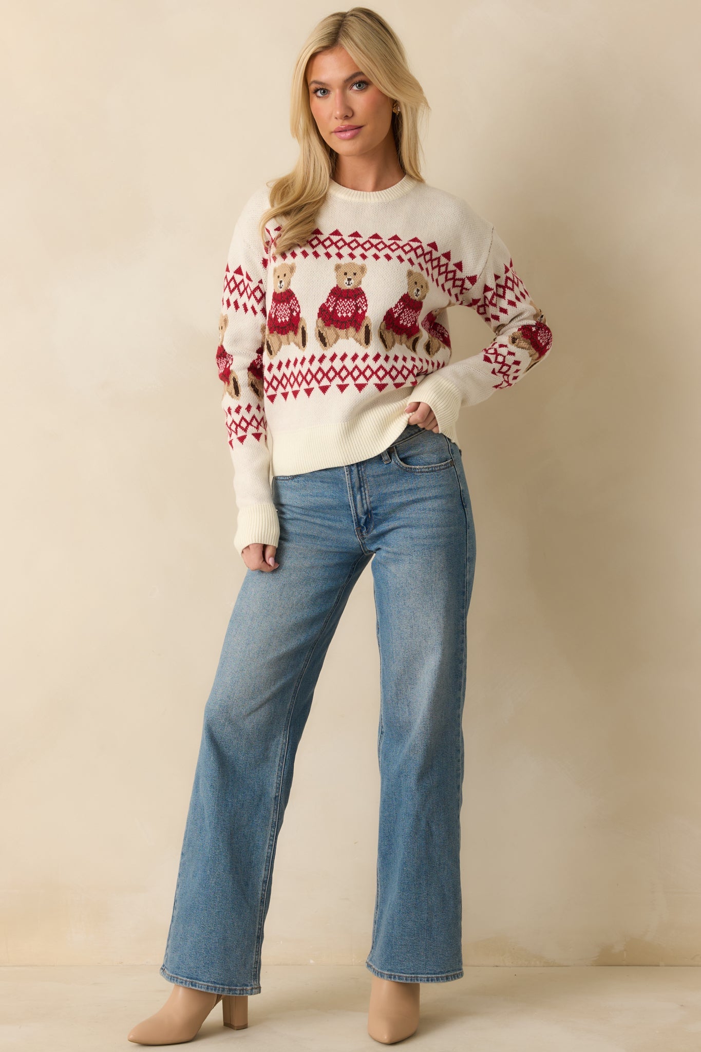 Bear With Me Ivory Fair Isle Teddy Knit Sweater