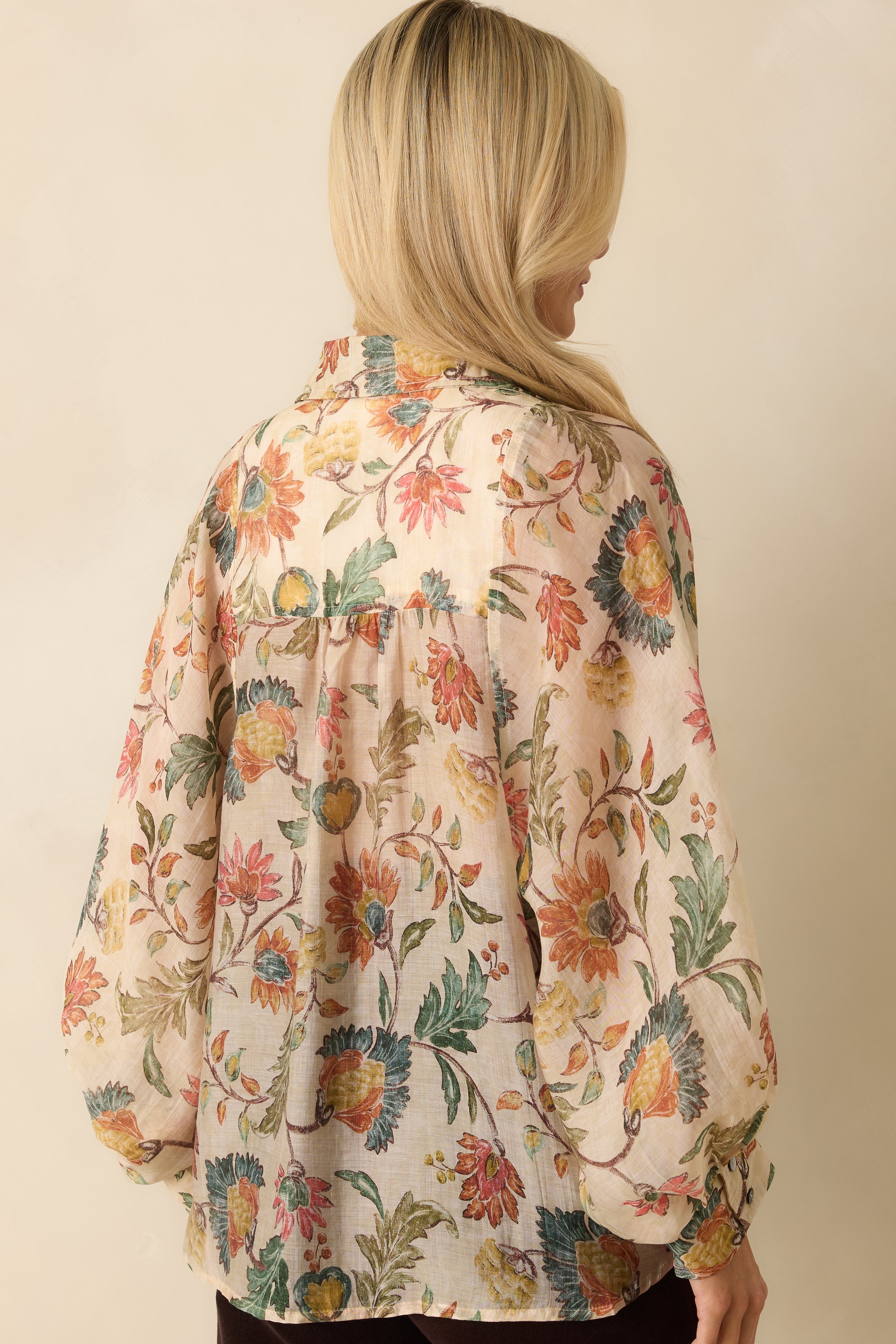 Pressed Petals Ivory Multi Floral Print Peasant Sleeve Blouse