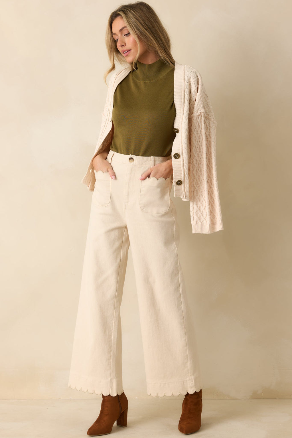 Set For The Day Ivory Cotton Scalloped Wide Leg Pants