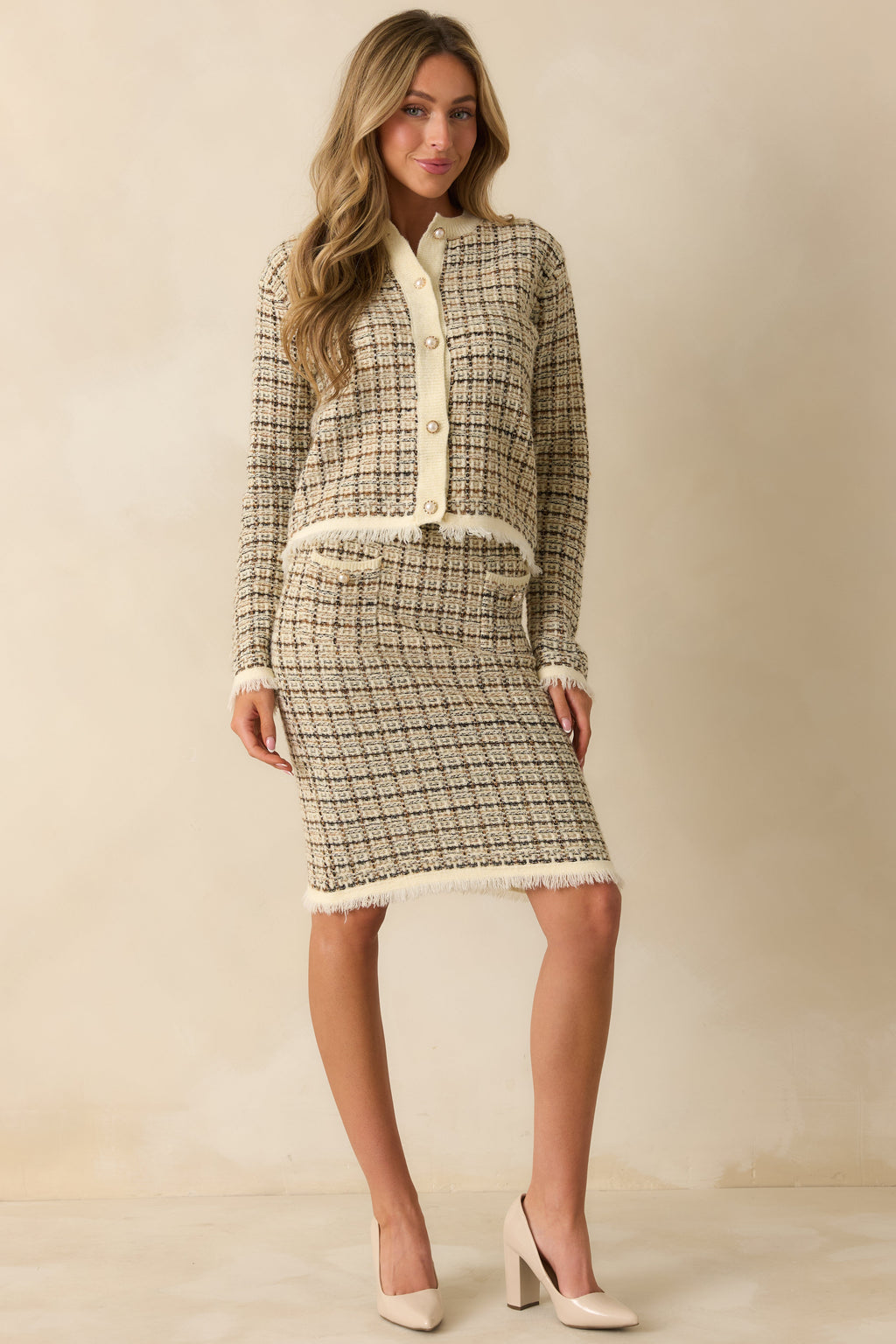A Quiet Kind Ivory Plaid Pattern Knit Skirt