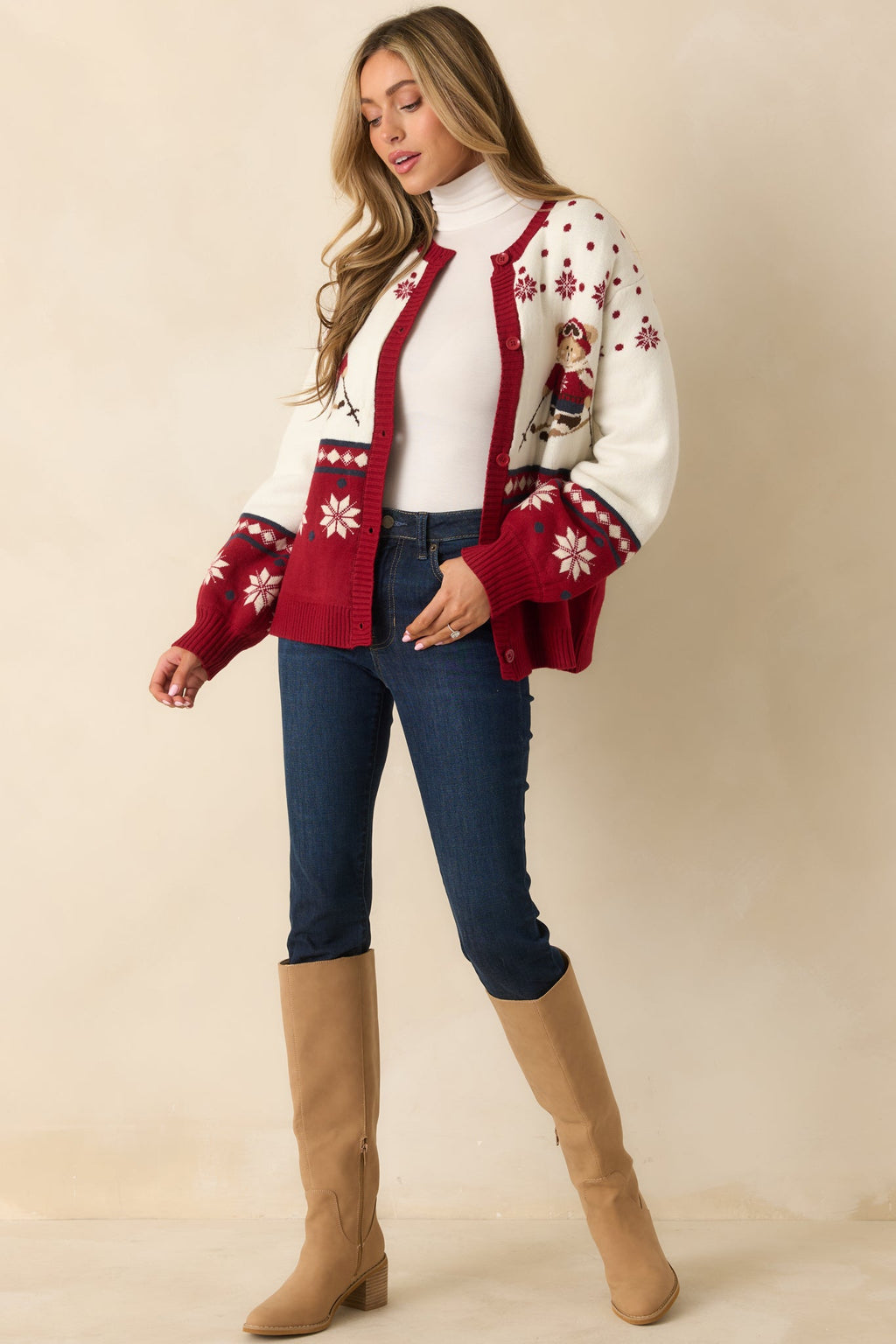 Ski Season Sweetie Ivory & Red Knit Ski Bear Cardigan Sweater