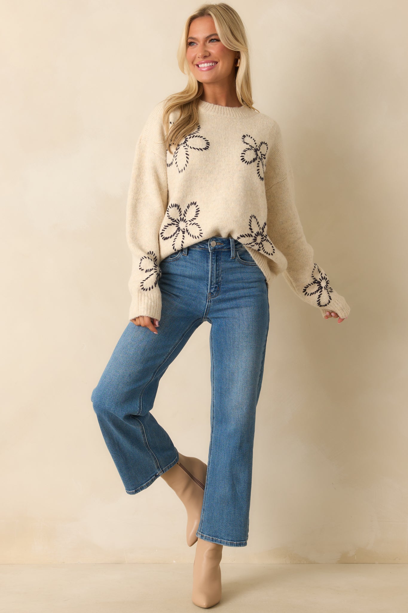 No Room For Doubt Ivory Floral Embroidered Knit Sweater