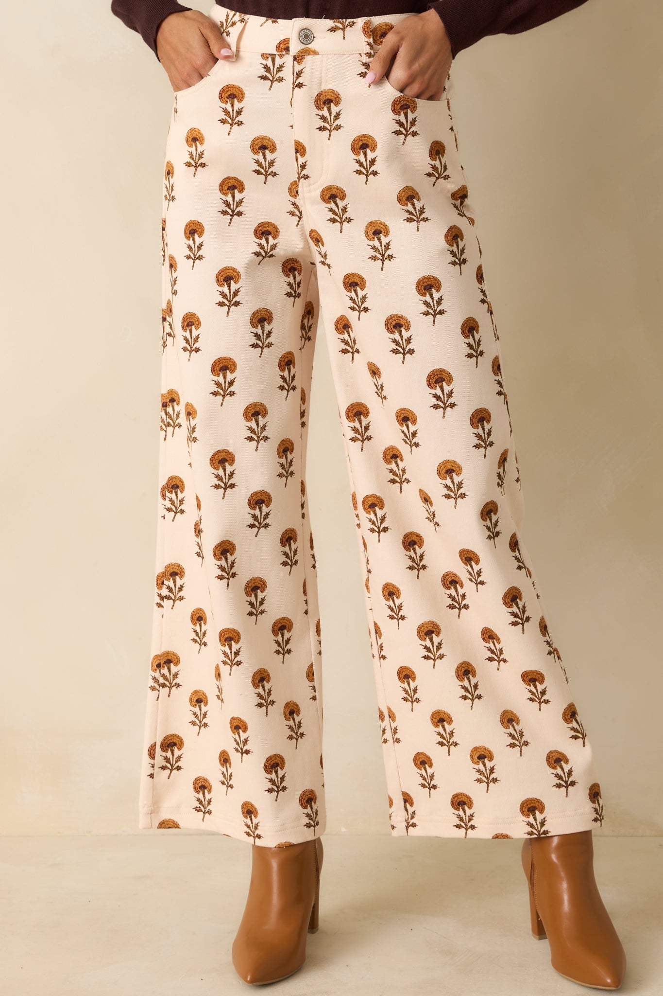 Marigold Muse Ivory Multi Floral Print Cotton Wide Leg Pants