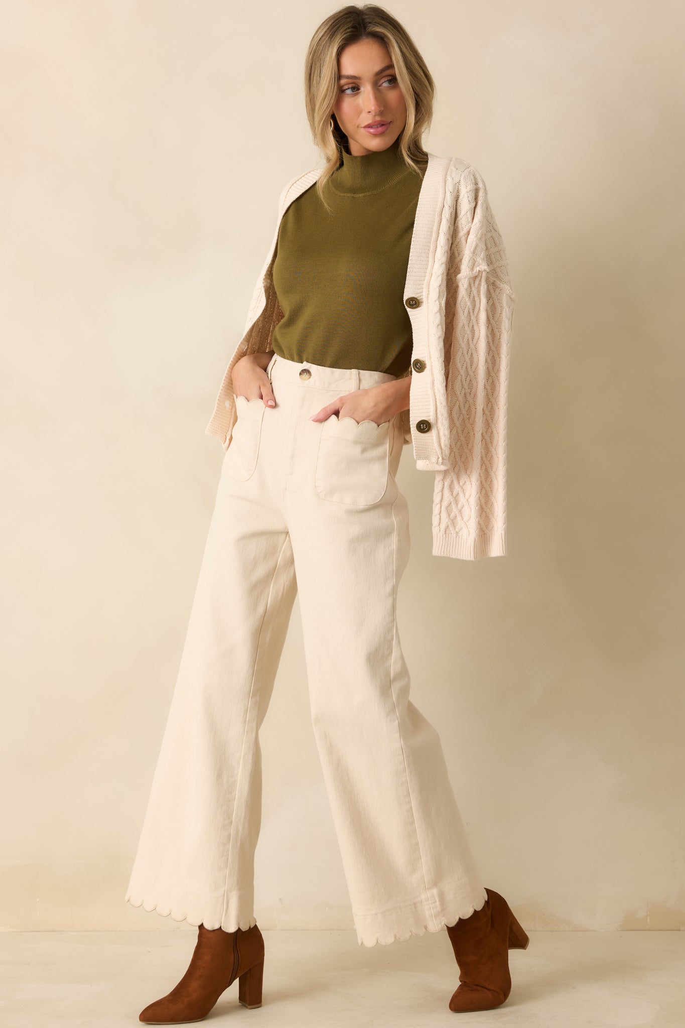 Set For The Day Ivory Cotton Scalloped Wide Leg Pants