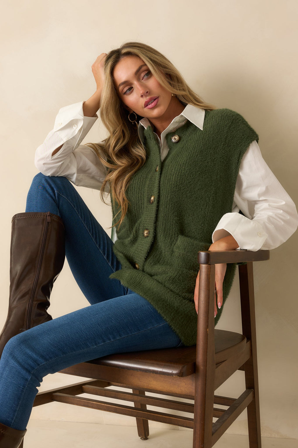 FRNCH Matcha Green Sleeveless Knit Cardigan