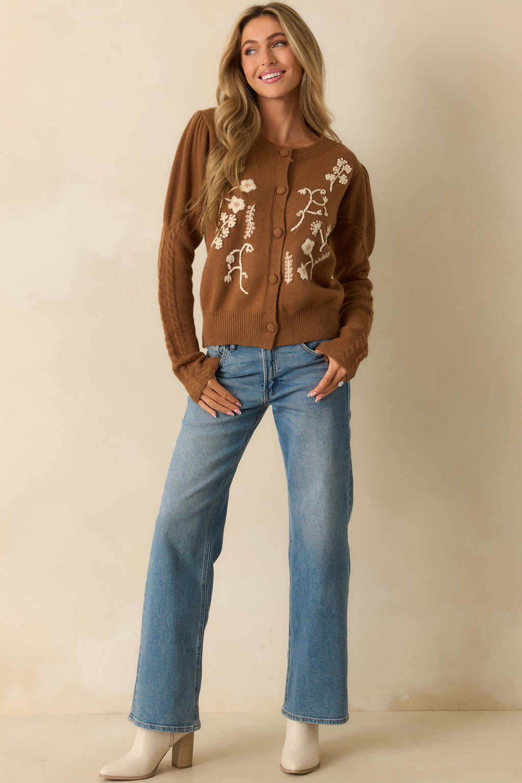 Botanical Whispers Tiramisu Brown Floral Knit Button Front Cardigan