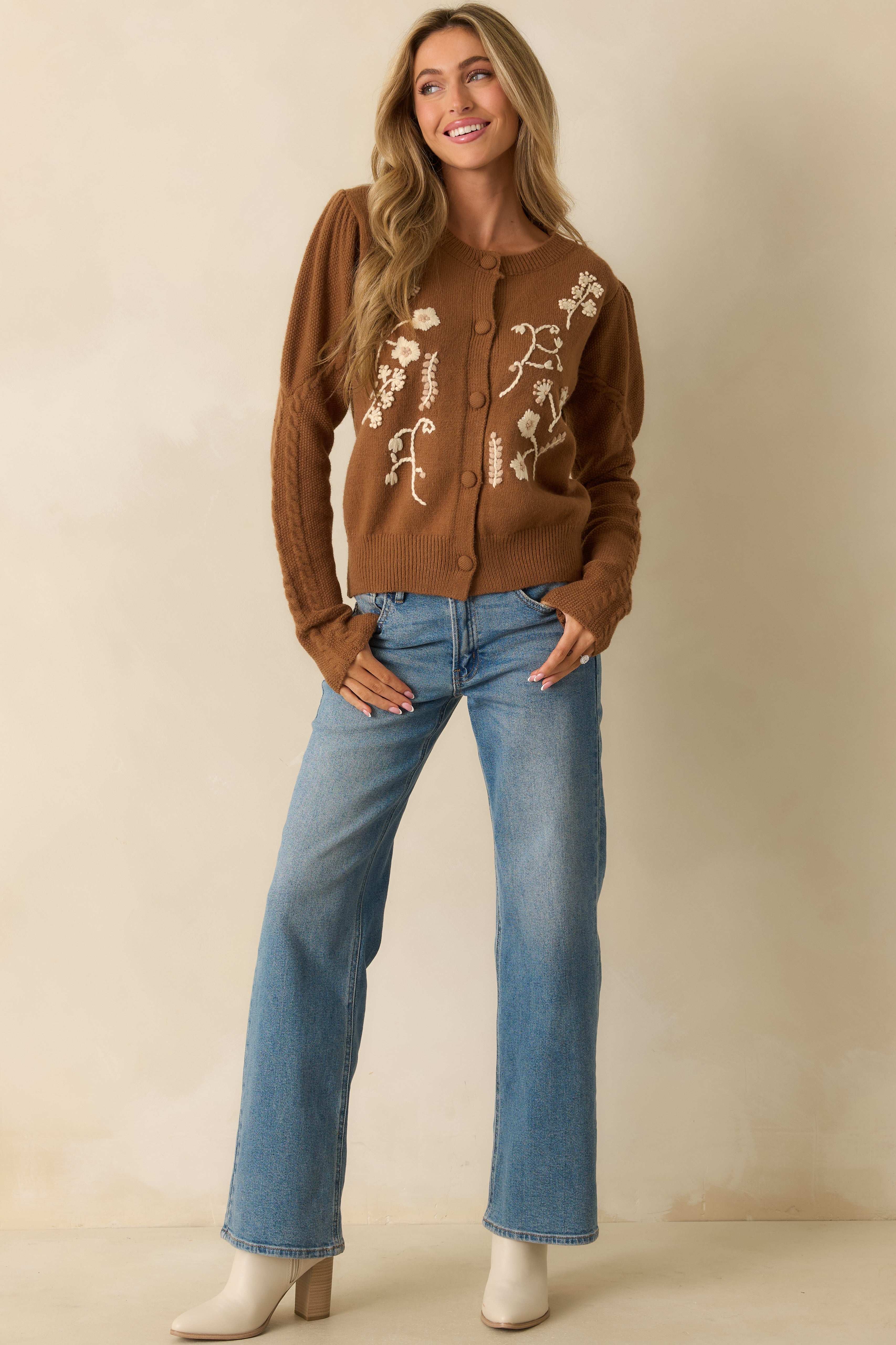 Botanical Whispers Tiramisu Brown Floral Knit Button Front Cardigan