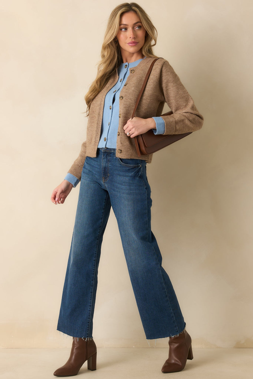 Let It All Unfold Light Mocha Faux Layered Button Front Knit Cardigan