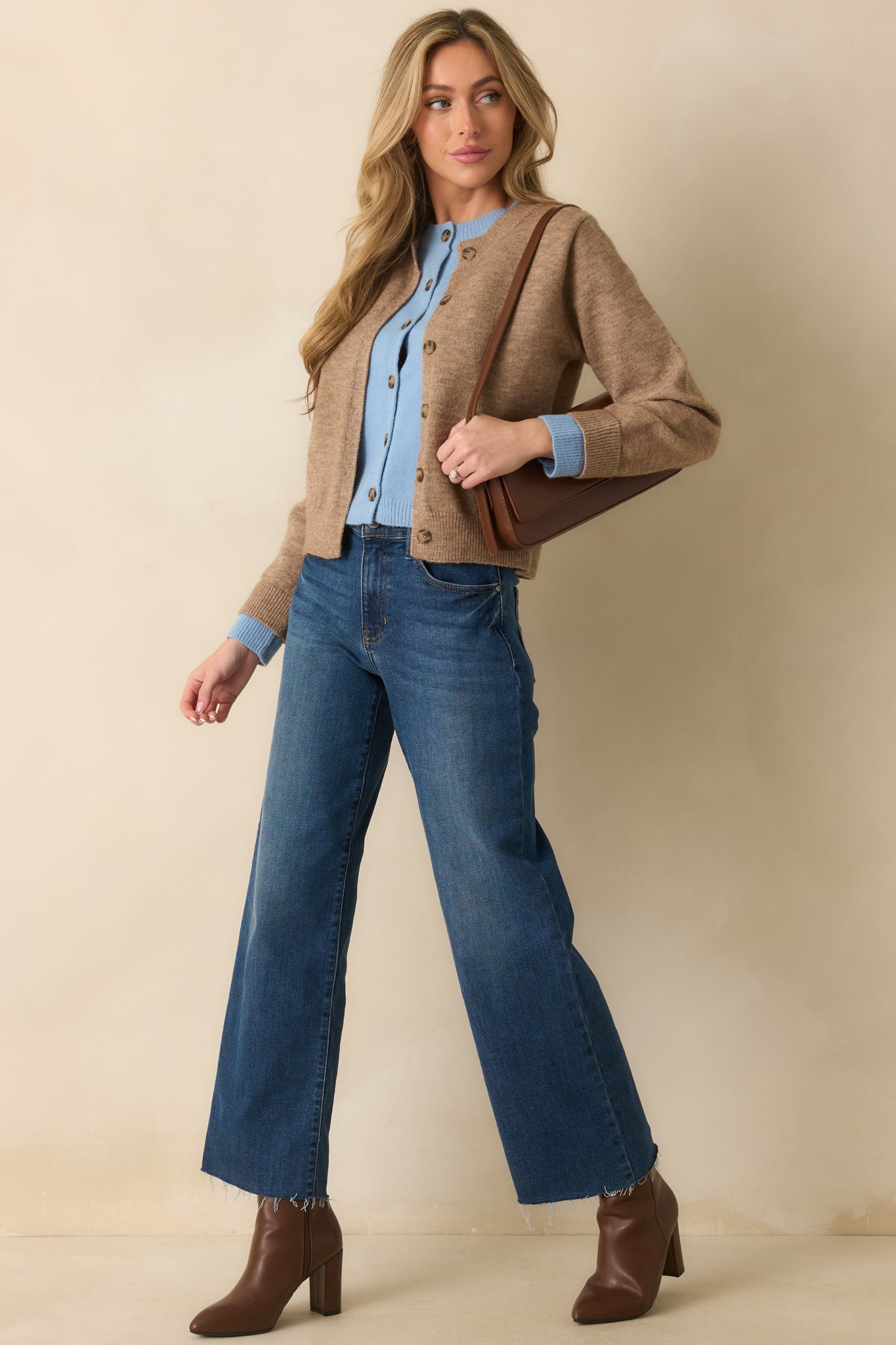 Let It All Unfold Light Mocha Faux Layered Button Front Knit Cardigan