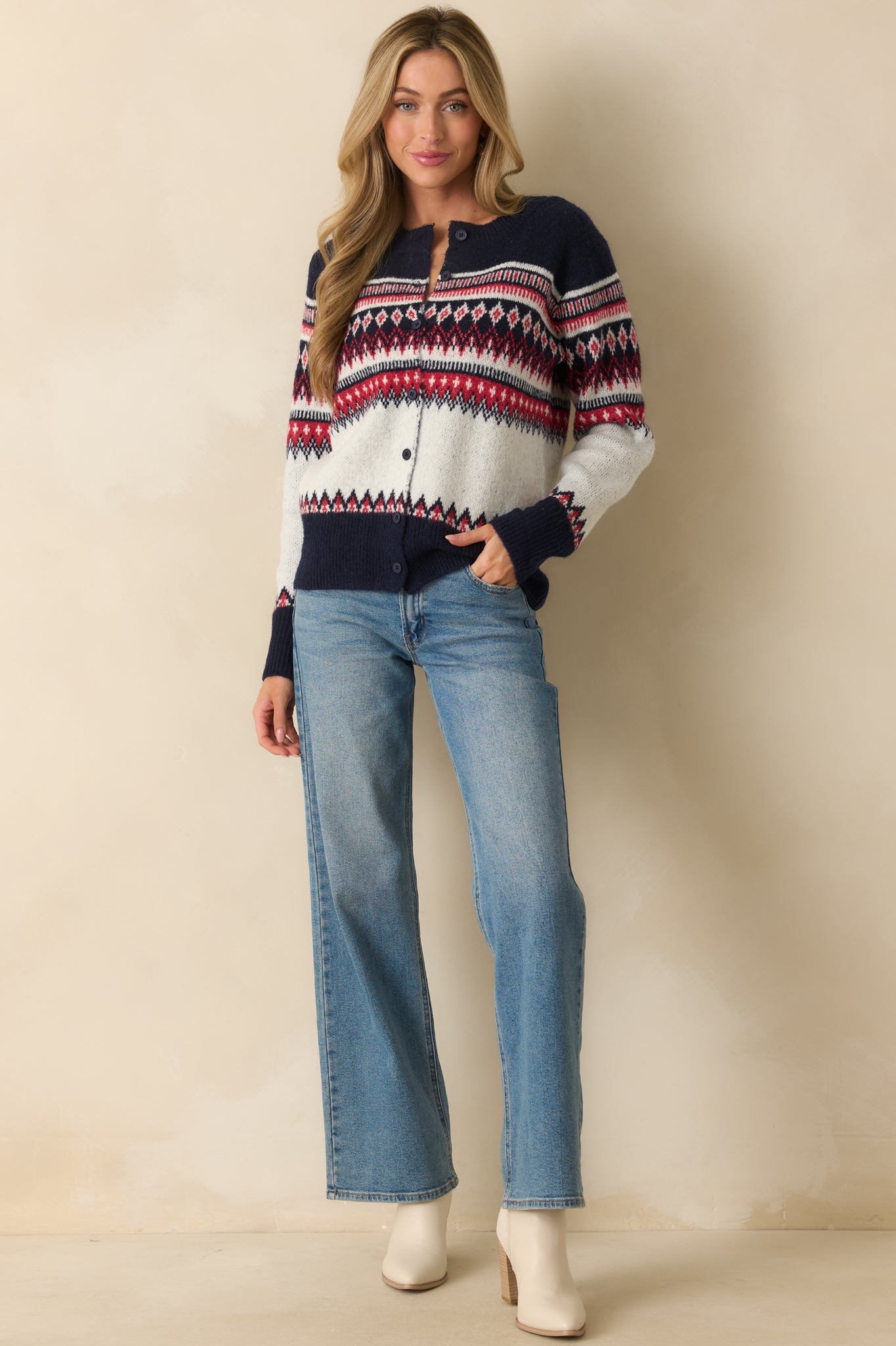 Fireside in Fair Isle White & Navy Multi Patterned Button Up Cardigan