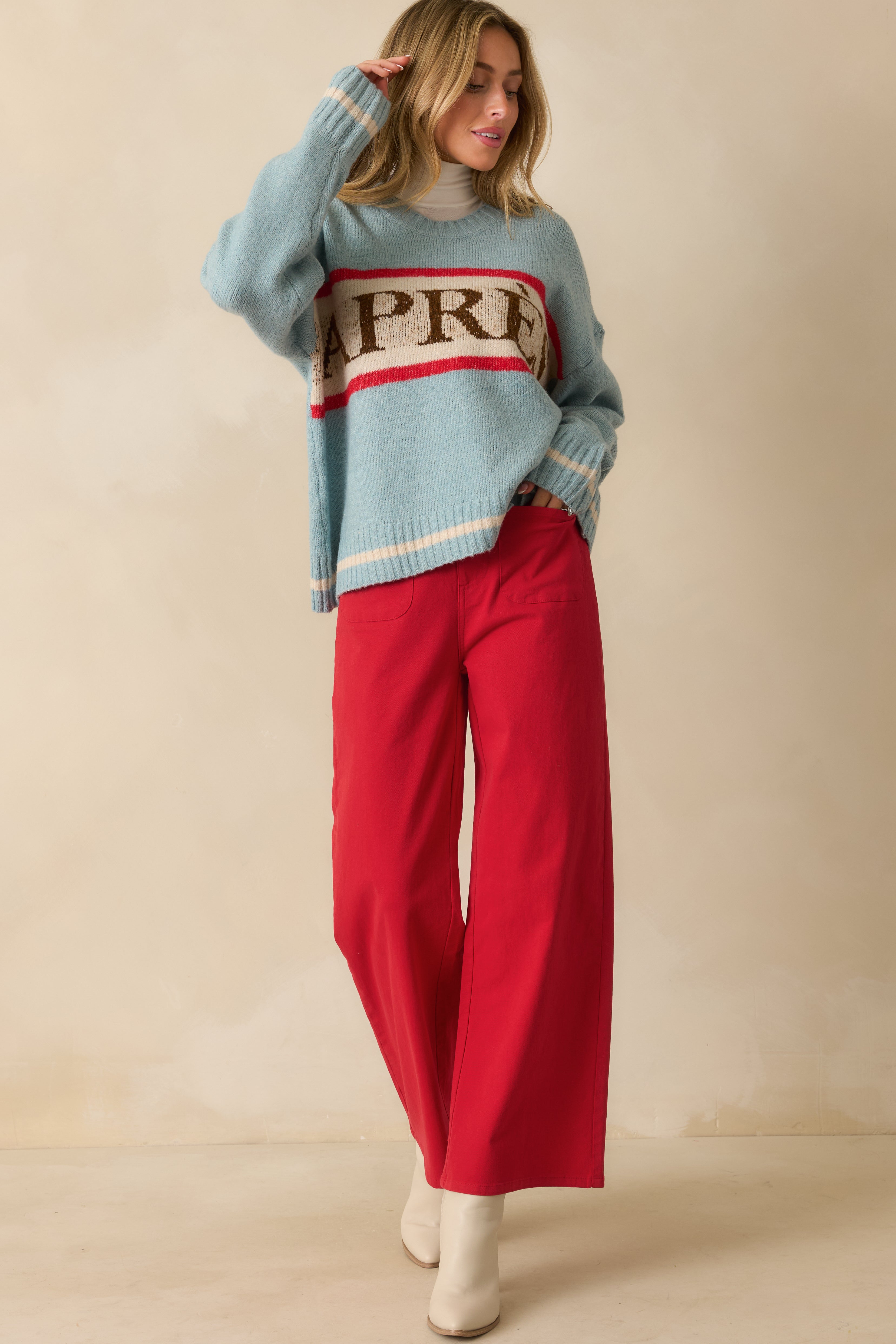 Off the Slopes Soft Blue Après Knit Pullover Sweater