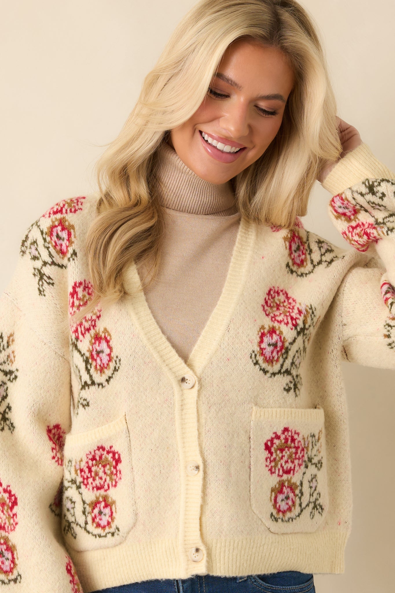 Garden Wishes Ivory Multi Knit Floral Button Up Cardigan Sweater