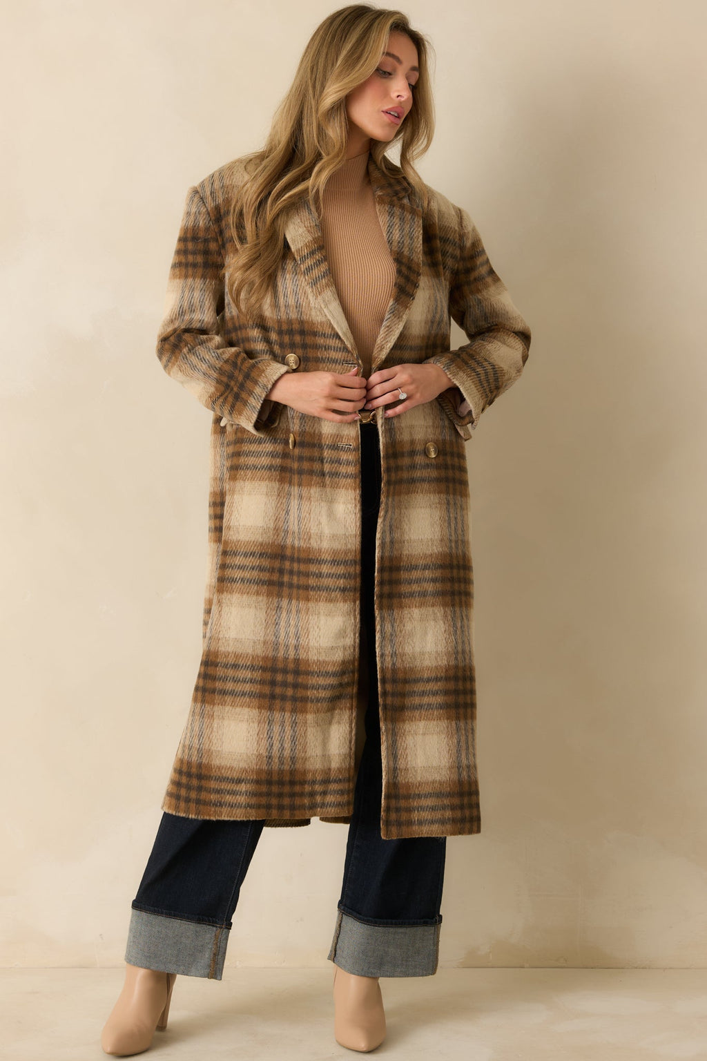 Fall in Line Brown Plaid Wool-Blend Overcoat