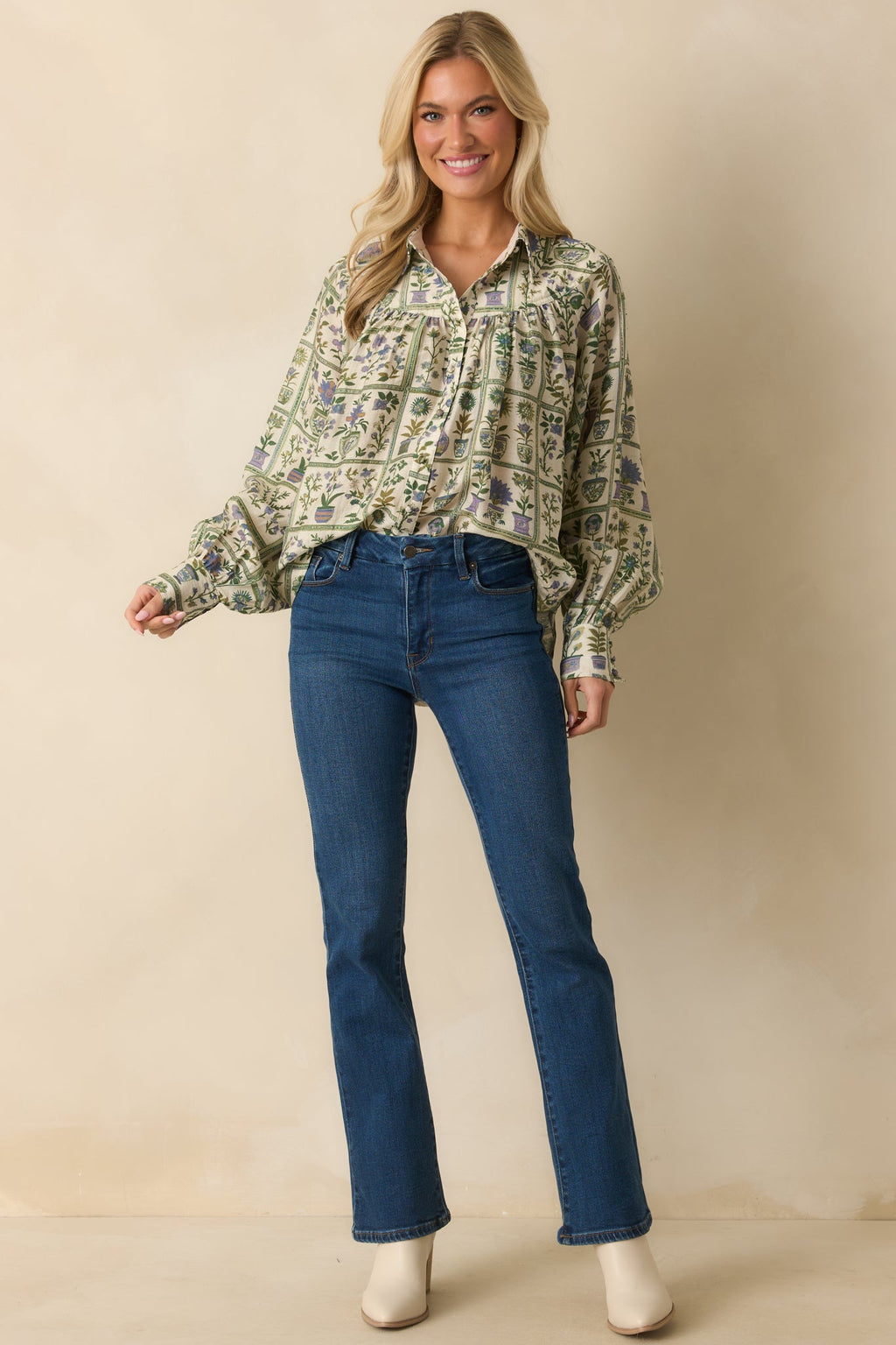 All Set Then Green Multi Floral Print Linen Blend Button Up Blouse