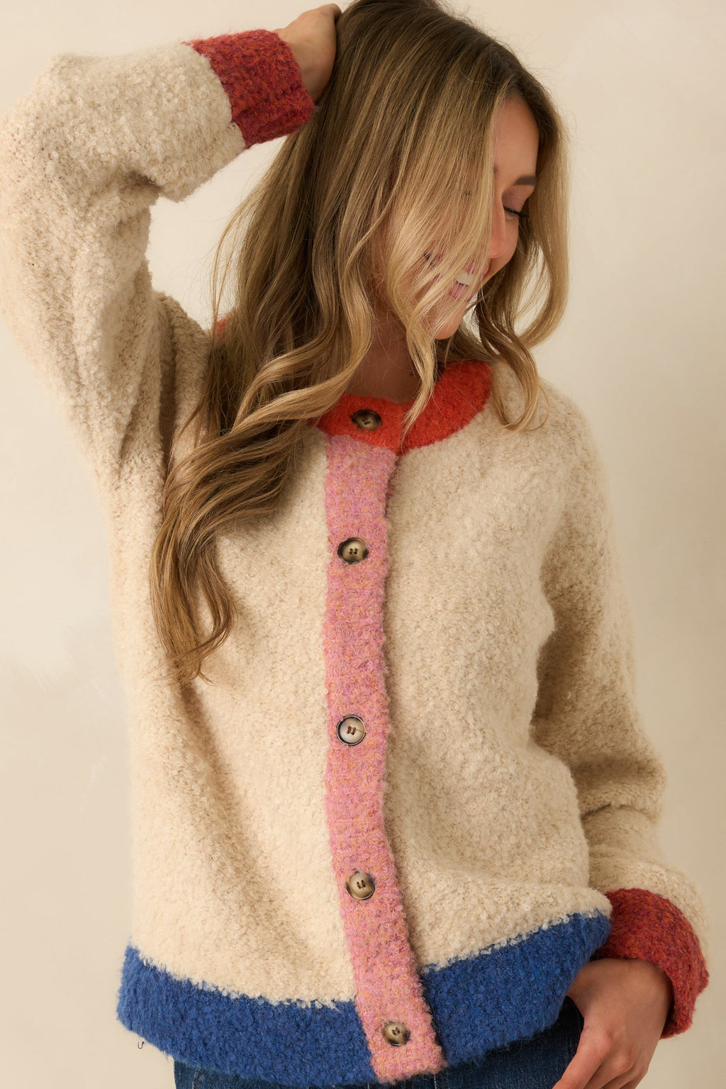 FRNCH Cyclamen Ivory Multi Knit Color Block Cardigan