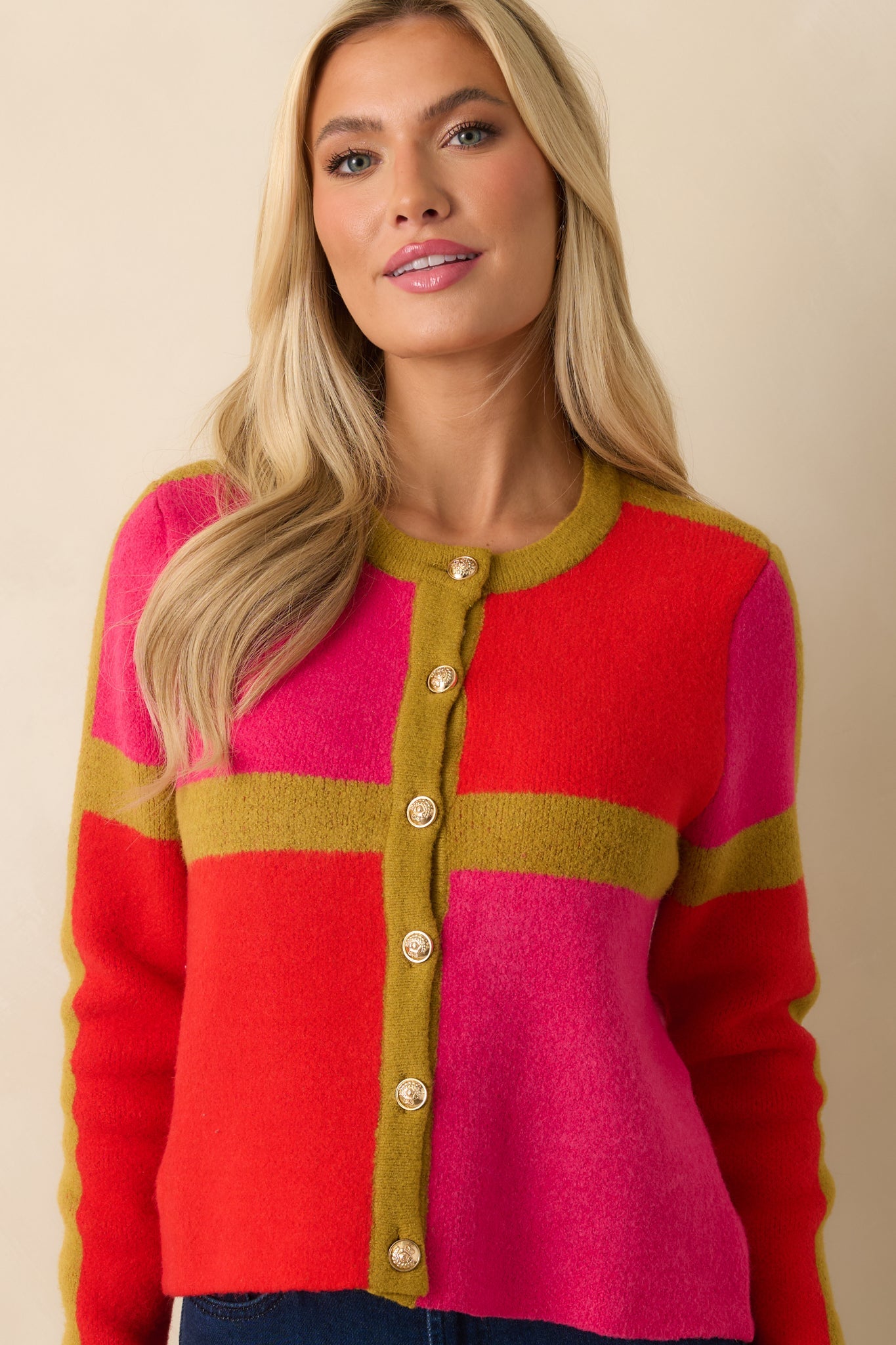 All About Now Pink and Red Knit Color Block Cardigan