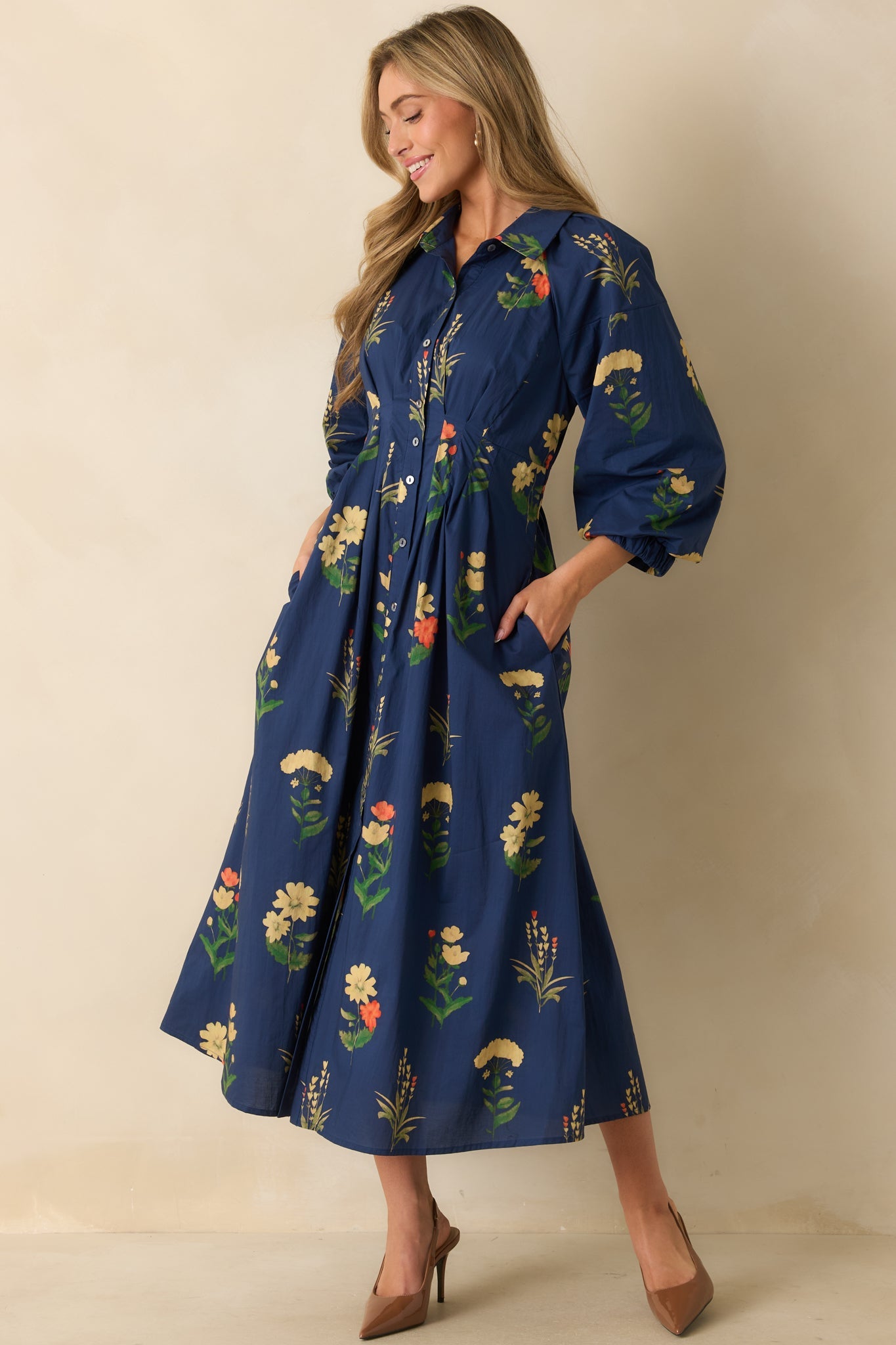 Endlessly Charmed Navy Multi Floral Print Cotton Button Front Maxi Dress